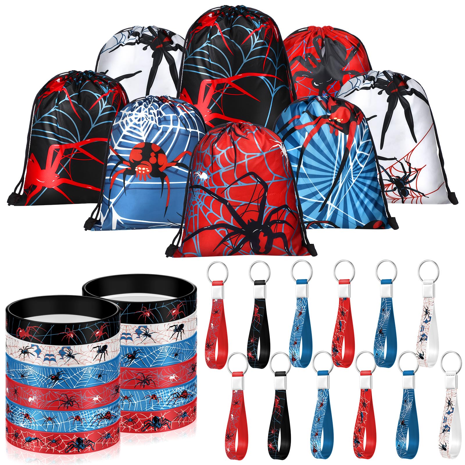 Lothee 32 Pcs Spider Party Favors Spiderweb Birthday Party Decor Drawstring Bag Goodies Bags with Rubber Bracelets Wristlet Keychain for Spiders