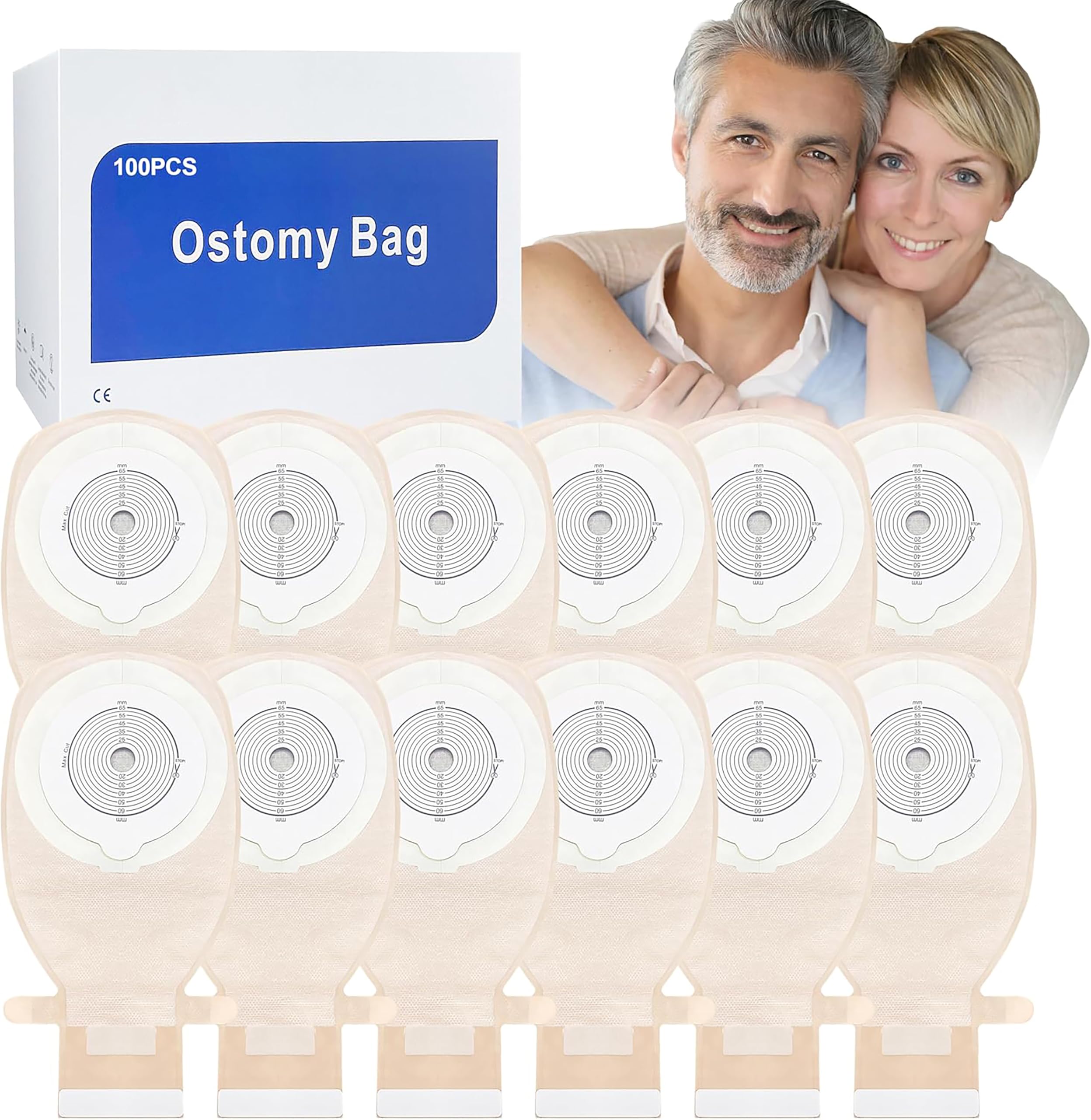 100 Colostomy Bags, Ostomy Supplies,One Piece Drainable Ostomy Pouch for Ileostomy Stoma Care, Cut-to-Fit