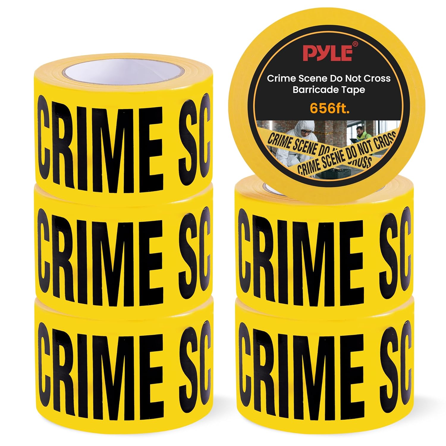 Pyle 6 Pieces Yellow Crime Scene Do Not Cross Tape Set - 656 Foot Long Tape Roll Suitable for a Wide Range of Applications, Including Roadworks, Events, and Hazardous Areas 6-Pack