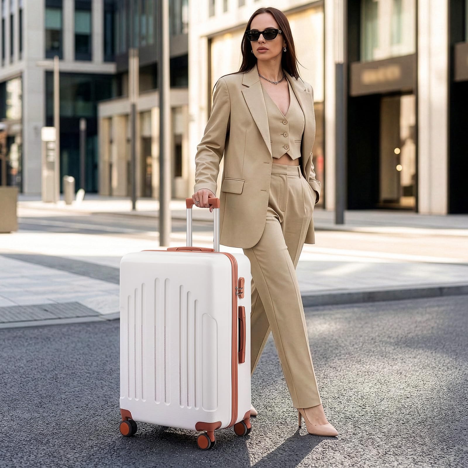 LALAHO Valise de Voyage Moyenne en ABS, Bagage Suitcase Rigide (Beige-Brun, L/65cm)