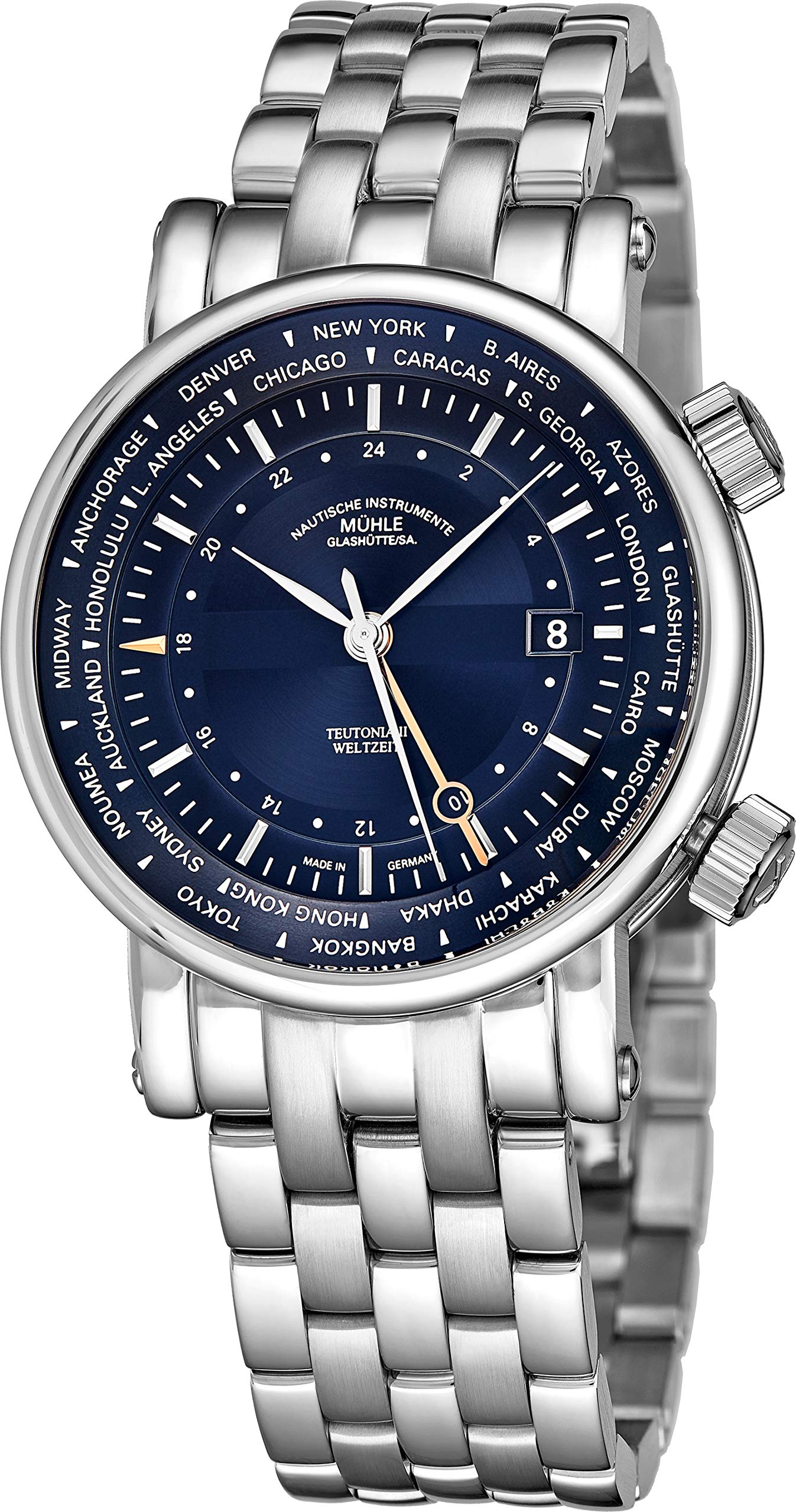 Muhle Glashutte Teutonia II Weltzeit Mens Automatic GMT Watch - Blue Face with Date, World Time and