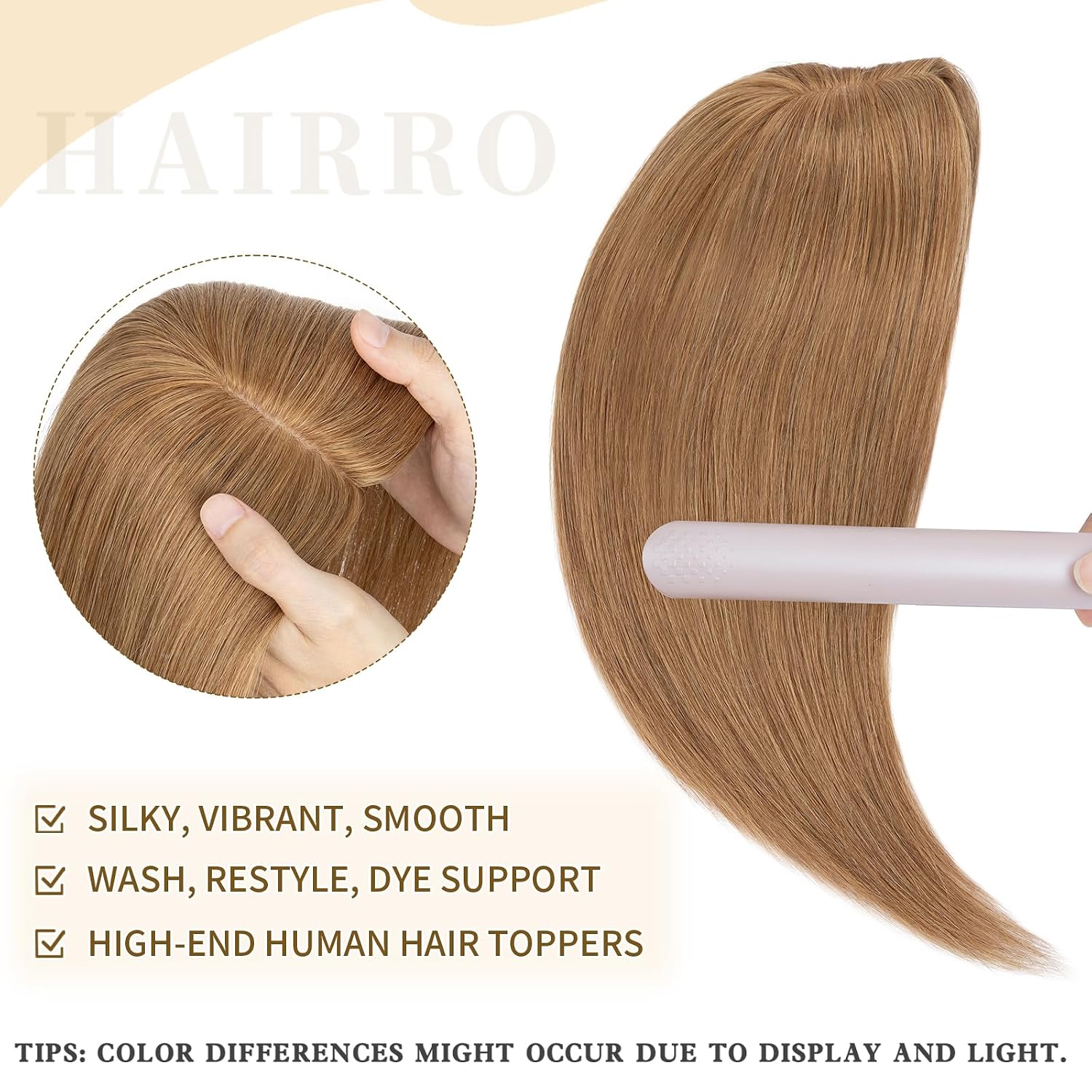 Hairro 100% Real Human Hair Toppers for Women No Bang, Clip in Real Hairpieces, Breathable Silk Base for Covering Greyish Thinning Hair Loss on Top, 16 Inch Blondish Brown