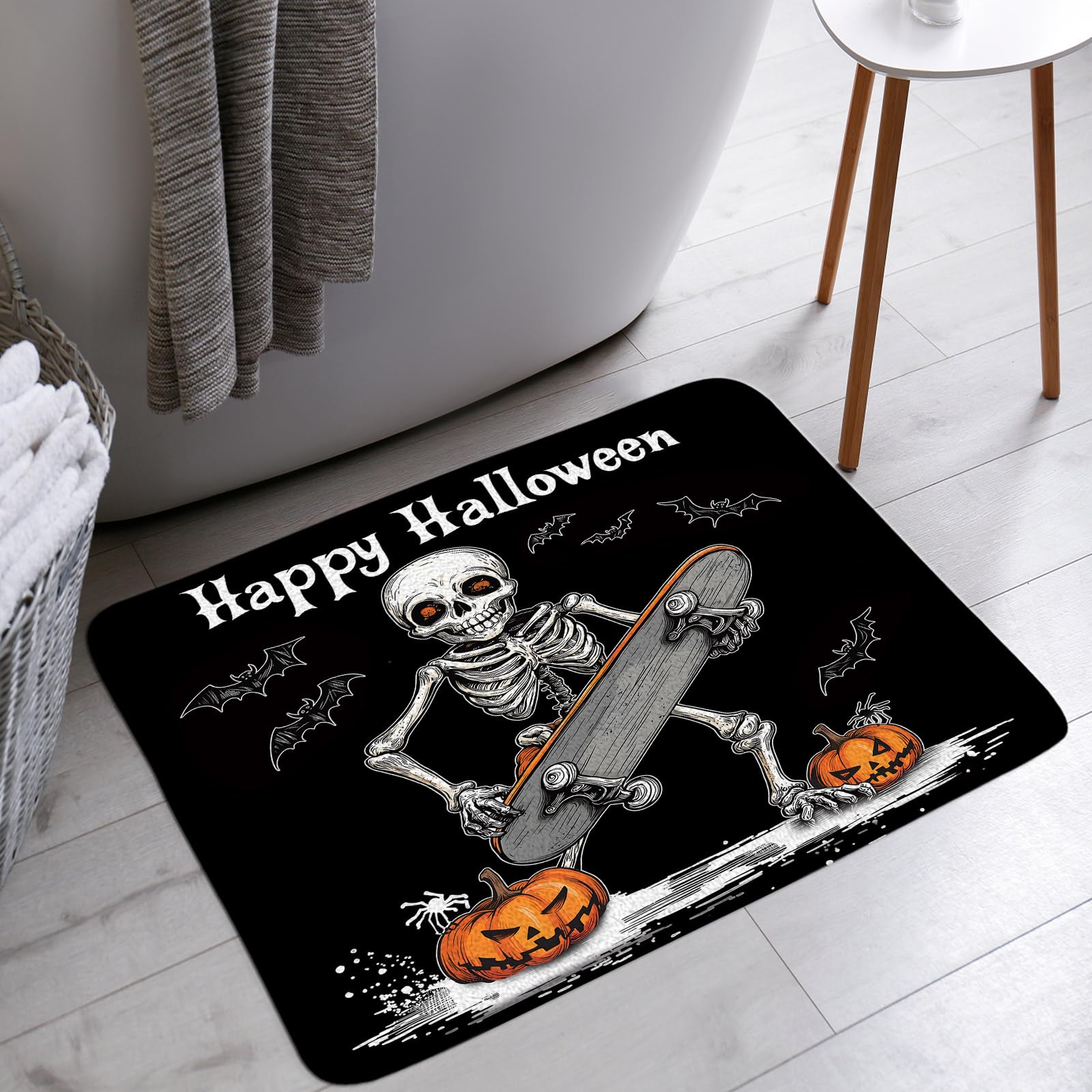 Spooky Halloween Bath Mat Funny Skull Bat Pumpkin Holiday Ambience Trick or Treat Bathroom Bathtub Floor Rugs Doormat