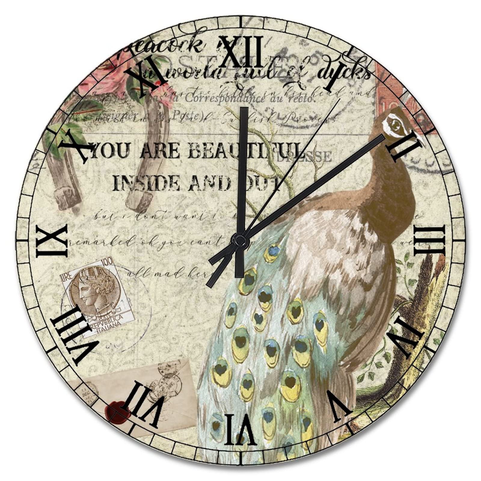 Horloge murale vintage Paris paon fleurs grand format cuisine et salon