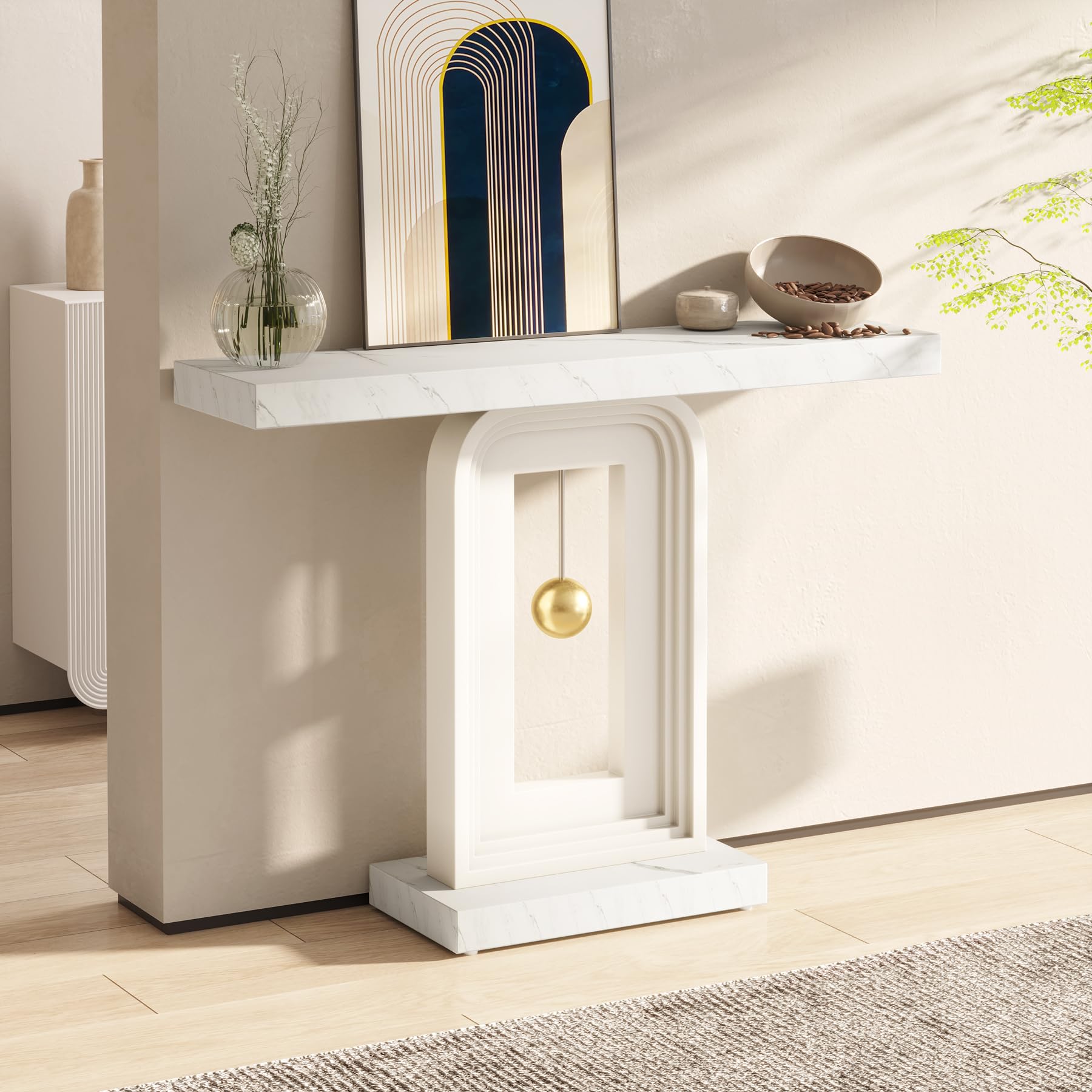 Tribesigns Table Console, Meuble D'Entrée Avec Base Circulaire En Forme, Table D'Entrée De 100cm Pour Entrée Salon, Couloir, Chambre à Coucher, Style Campagnard,100 X 30 X 79 Cm, Blanc