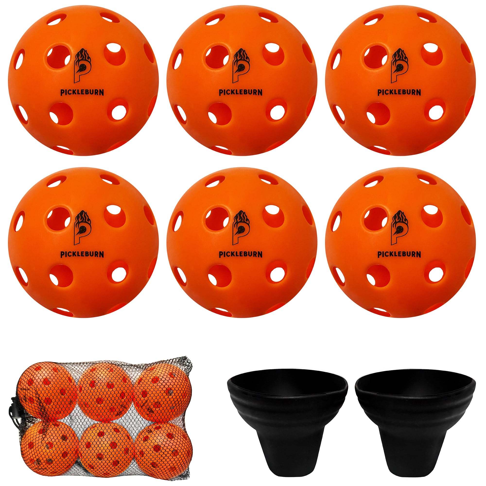 BurnCourt 40 - Bolas Pickleball Naranja Neón Pack de 6 Pelotas para Juego Exterior Outdoor 40 Agujeros Rebote Alto y Preciso con Bolsa y Pickers para Todos los Niveles