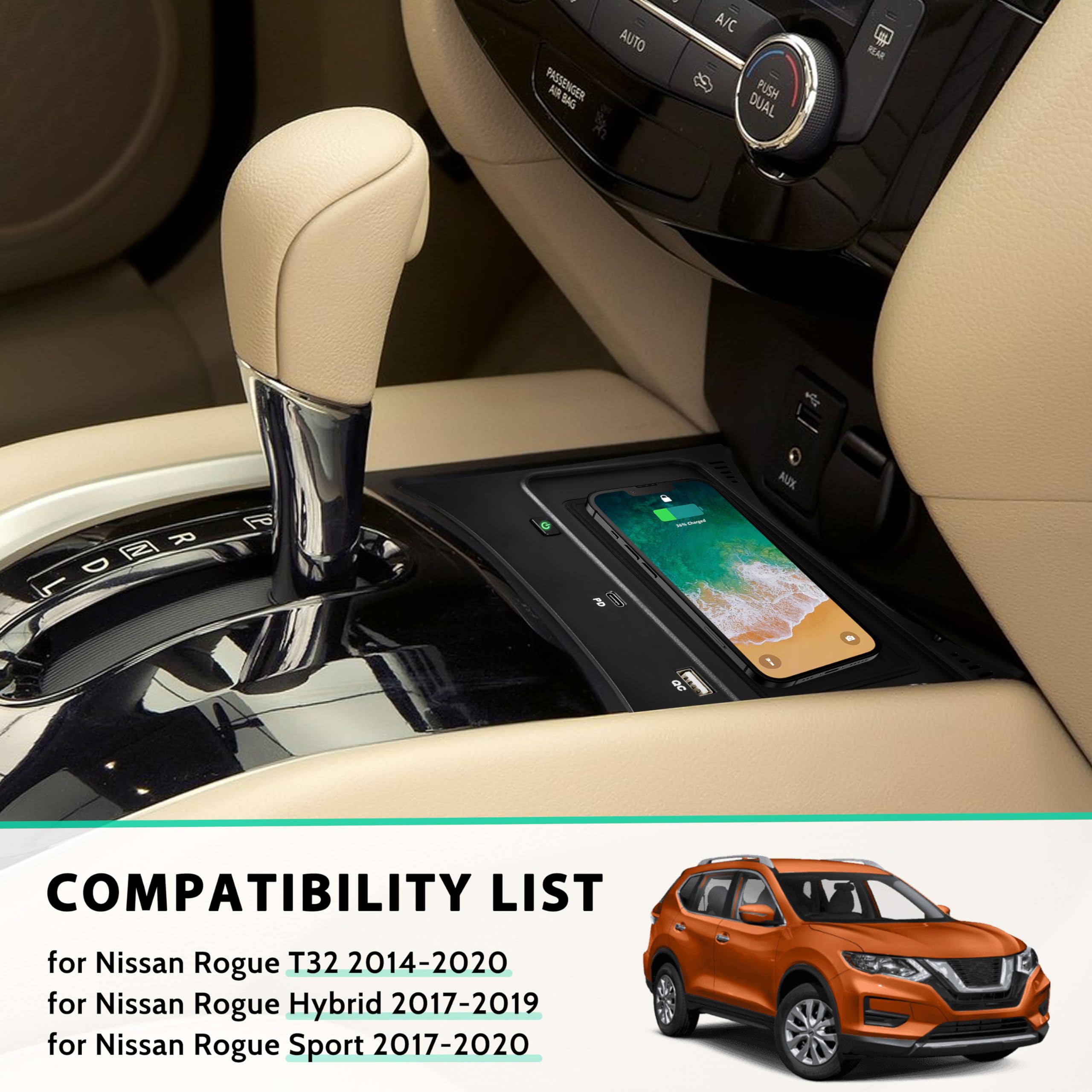Cargador inalámbrico de coche para consola central de carga para Nissan Rogue 2014-2020 / Nissan Rogue Sport 2017-2020, accesorios deportivos