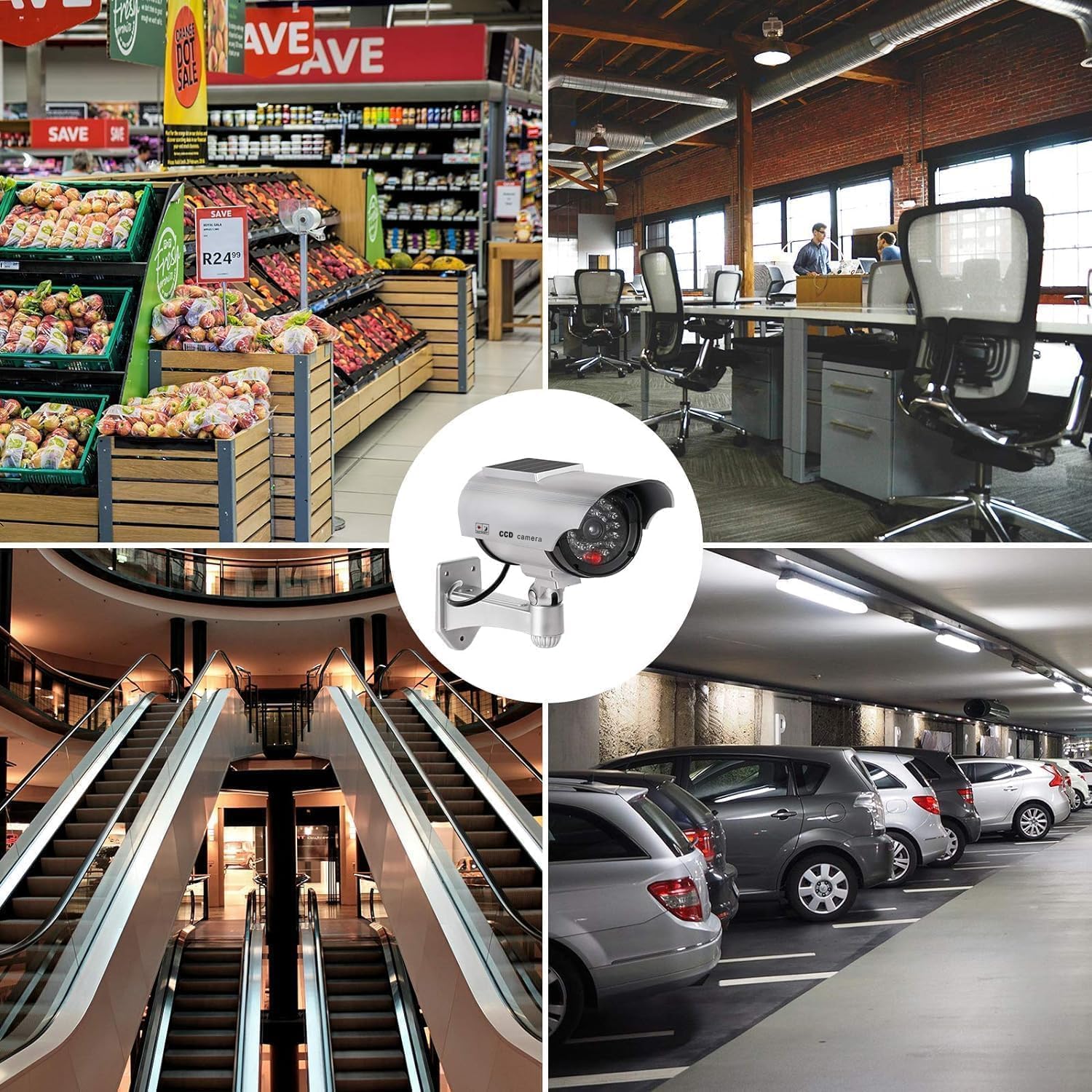 ERWEY 4 Pezzi Telecamera Finta di Sicurezza Solare, Telecamera di Sorveglianza CCTV Simulata per Uso Interno o Esterno con Luce LED Lampeggiante (Argento)