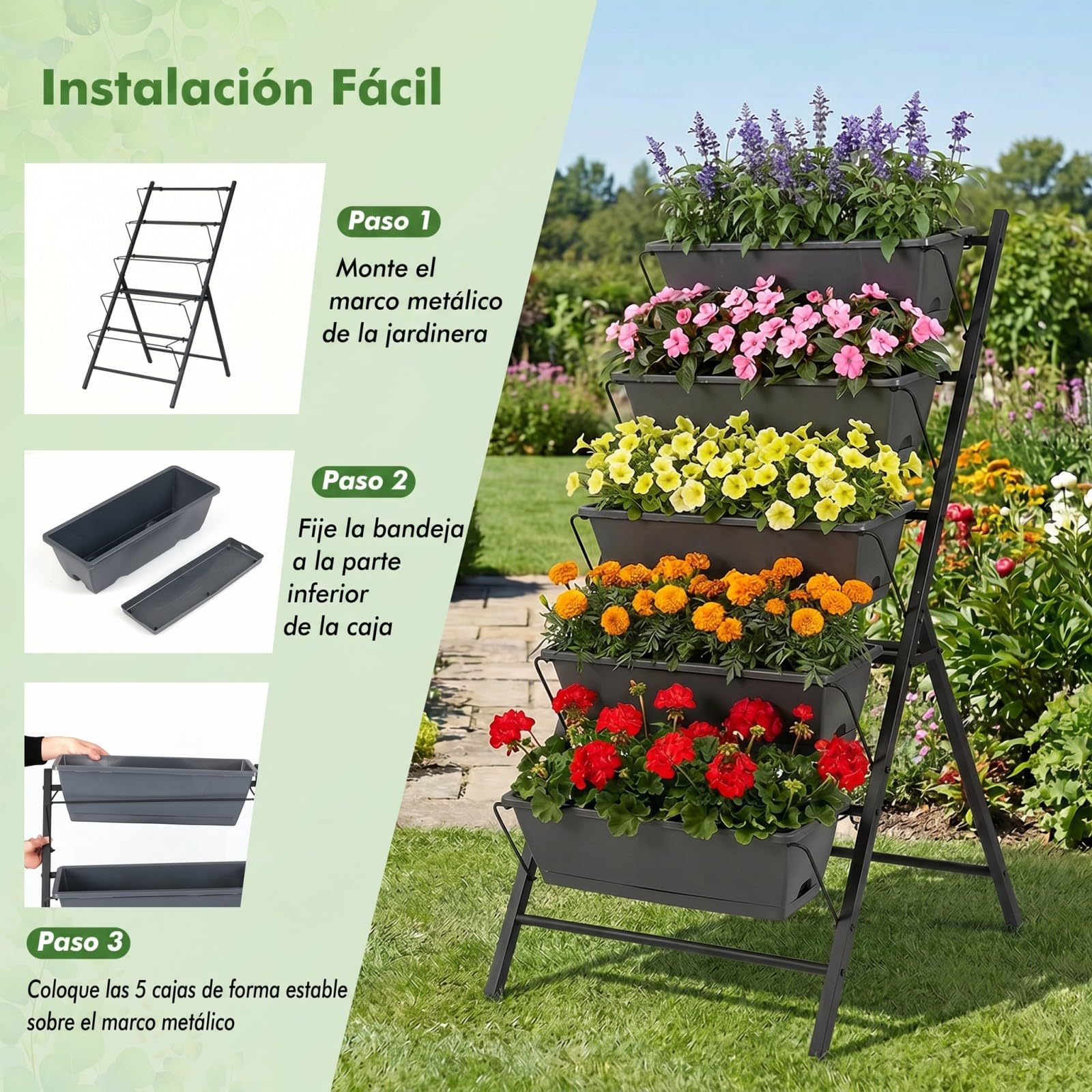 COSTWAY Jardinera Vertical de 5 Niveles, Huerto Vertical Elevada con Marco de Metal, Bandejas Extraíbles y Orificios de Drenaje, Soporte Macetas para Interior y Exterior, 57 x 71 x 115 cm (Negro)