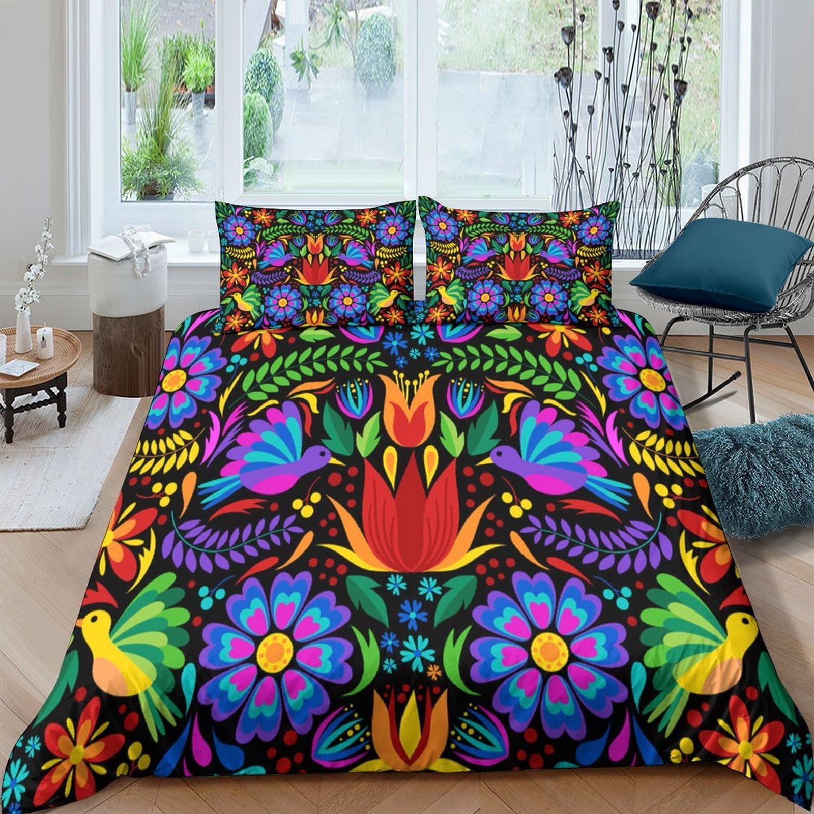 Ctjqhvkz Style-7 3D Printed Mexican Folk Art Fitted Sheet Microfiber Soft Colorful Floral Bird Mattress Cover For Bedroom Dorm Decor Single（135X200cm）