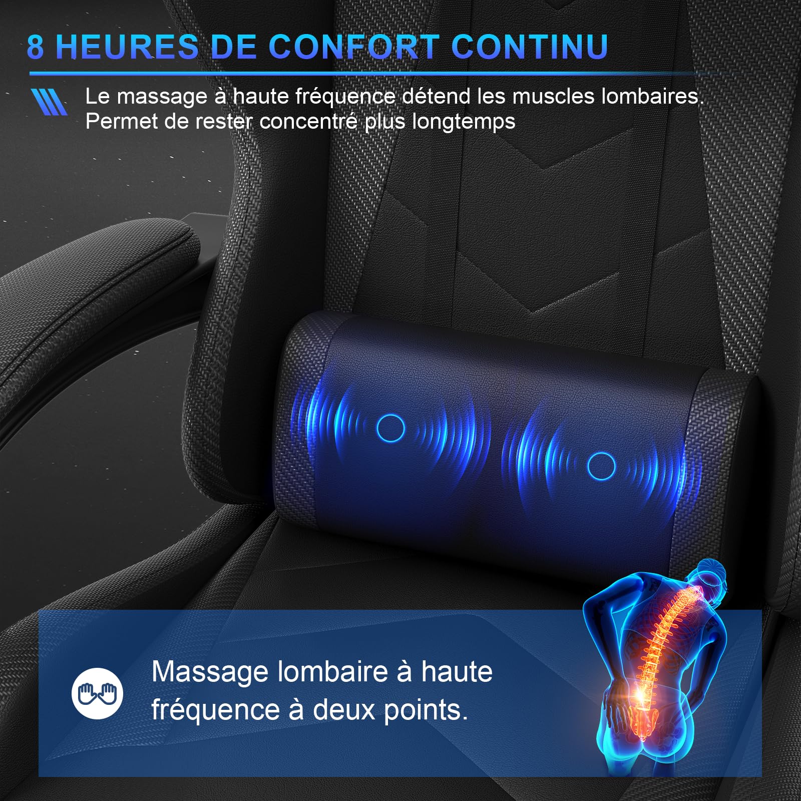 JUMMICO Chaise de gaming ergonomique avec coussin lombaire de massage - Dossier réglable de 90 à 135 ° et repose-pieds - Charge maximale : 150 kg - Noir