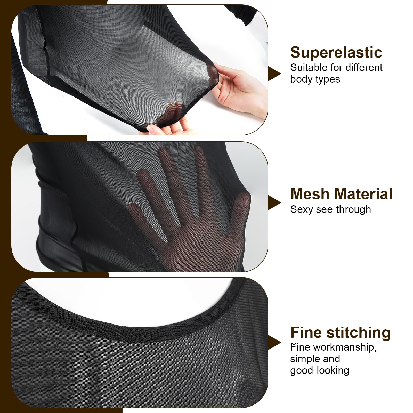 Haut Transparent Femme T-Shirt Noir en Maille Manches Longues | Polyester Extensible, Coupe Slim, Taille Unique 90-100 CM, Col Rond, Idéal Soirée Festival Ou Superposition