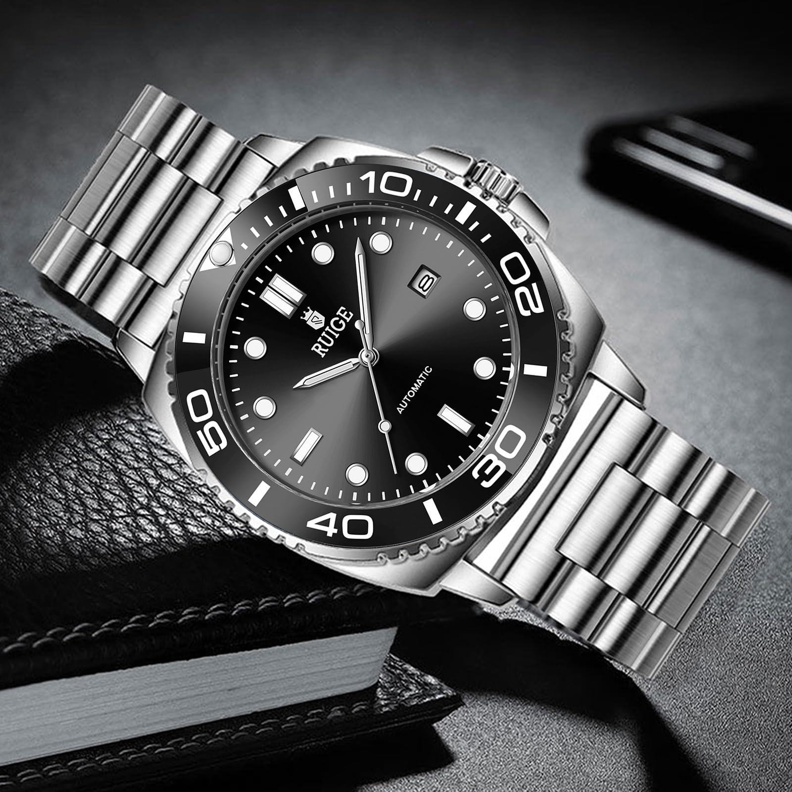RUIGE Orologio meccanico completamente automatico da uomo, con calendario in acciaio inox, lunetta girevole, alla moda, alla moda, luce notturna, impermeabile, A8-2