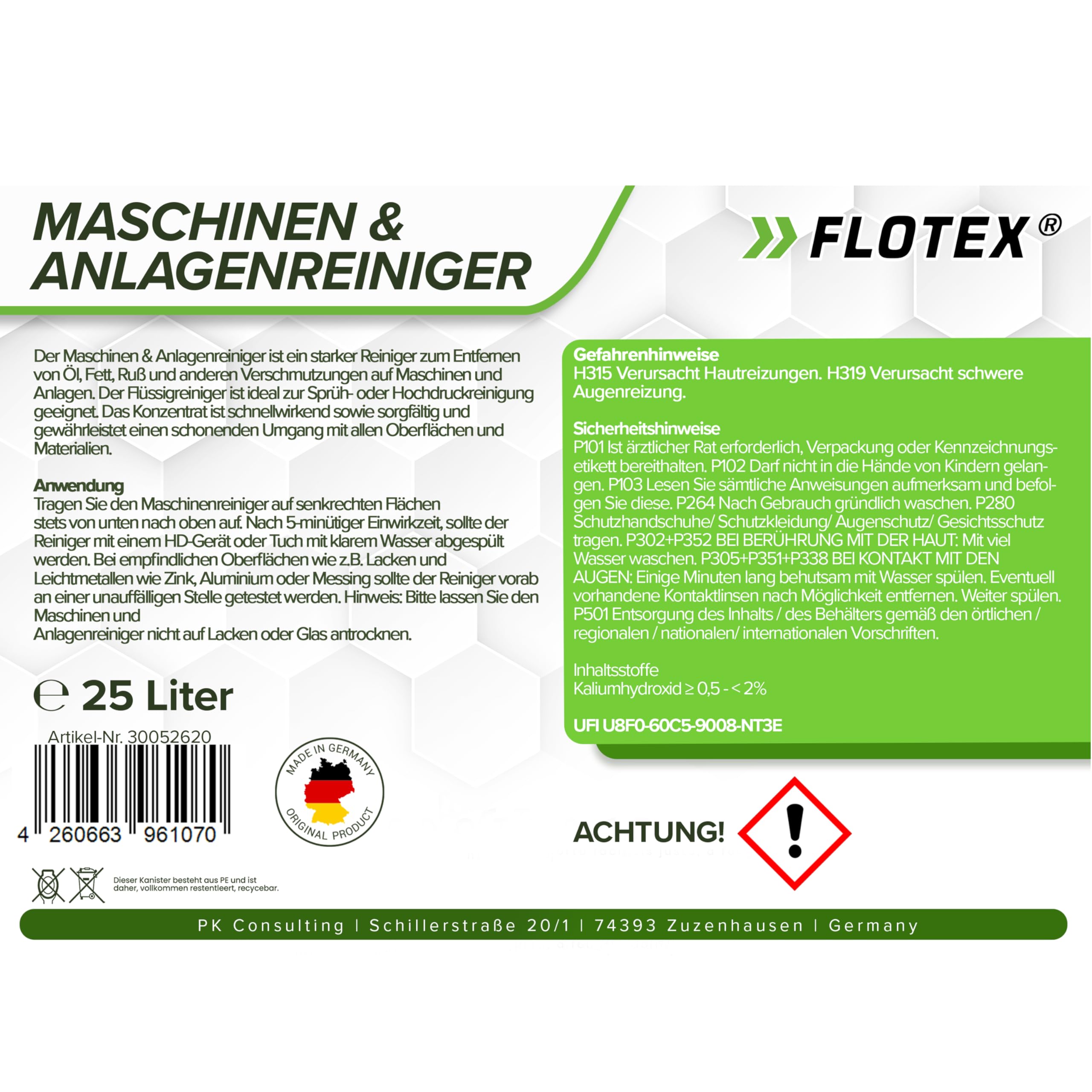 Maschinen & Anlagenreiniger Konzentrat, 25L Entfernen von Öl, Fett und Ruß auf industriellen Geräten und Anlagen