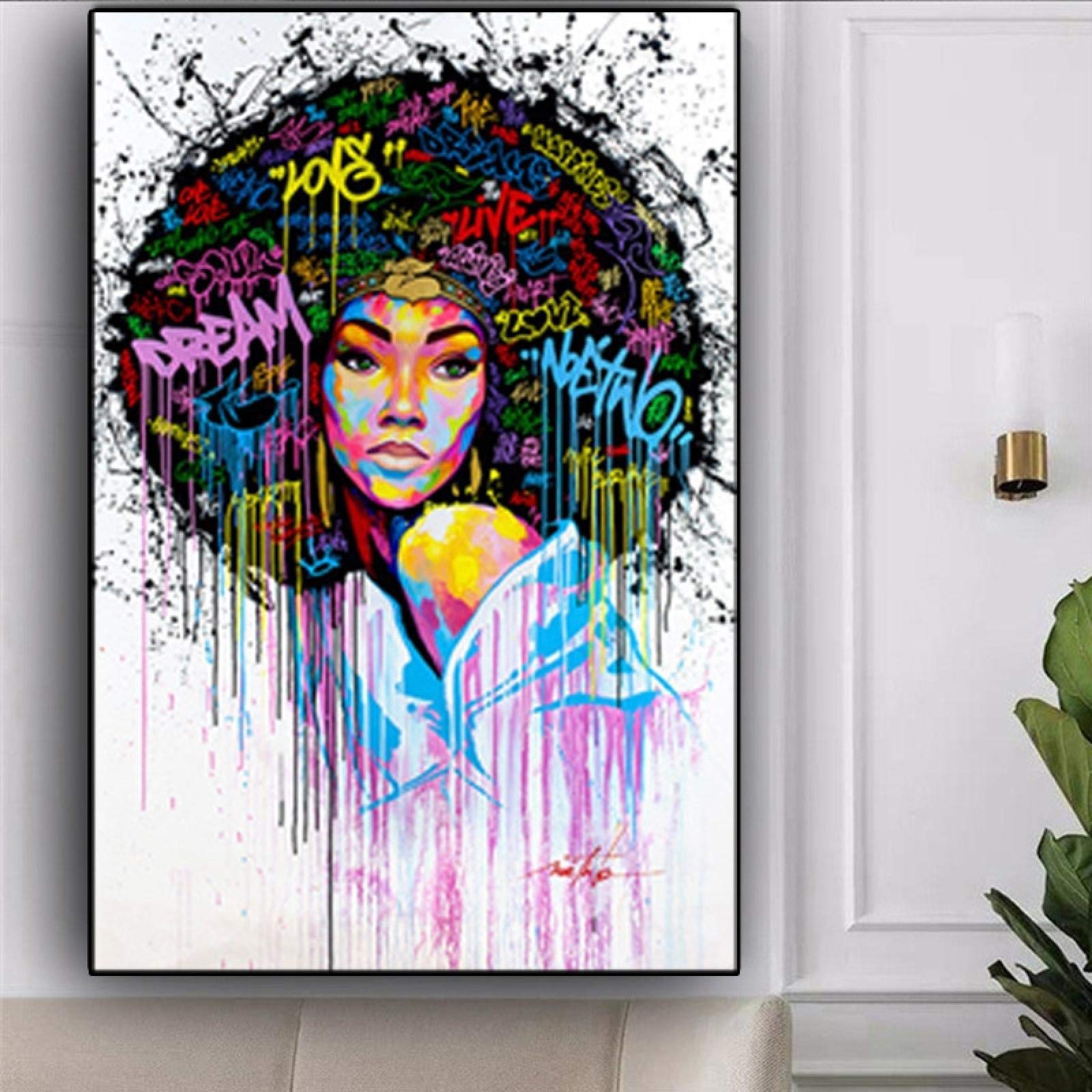 Póster abstracto Mujeres africanas Arte de la pared Imagen Pintura al óleo sobre lienzo Graffiti Street para sala de estar Dormitorio Cuadros 90x130cm (35.43x51.18in) Con marco