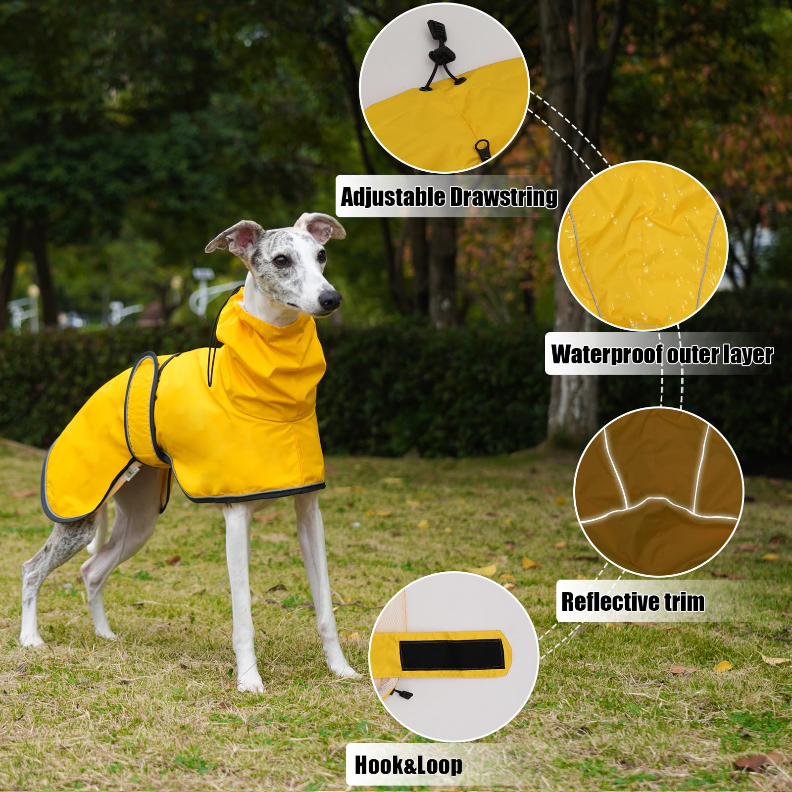 Geyecete-Manteau imperméable pour Chien réglable léger avec Sangles réfléchissantes et Trou pour Harnais,imperméable Veste idéal pour lévrier, Lurchers et Whippets-Jaune -S
