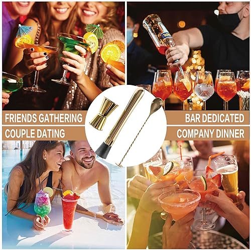 Miniatura 6 de Juego de 3 herramientas de mezcla y muddler dorado, 10 pulgadas, cuchara de cóctel de 12 pulgadas y doble jigger de 1 onza2 onzas, juego de