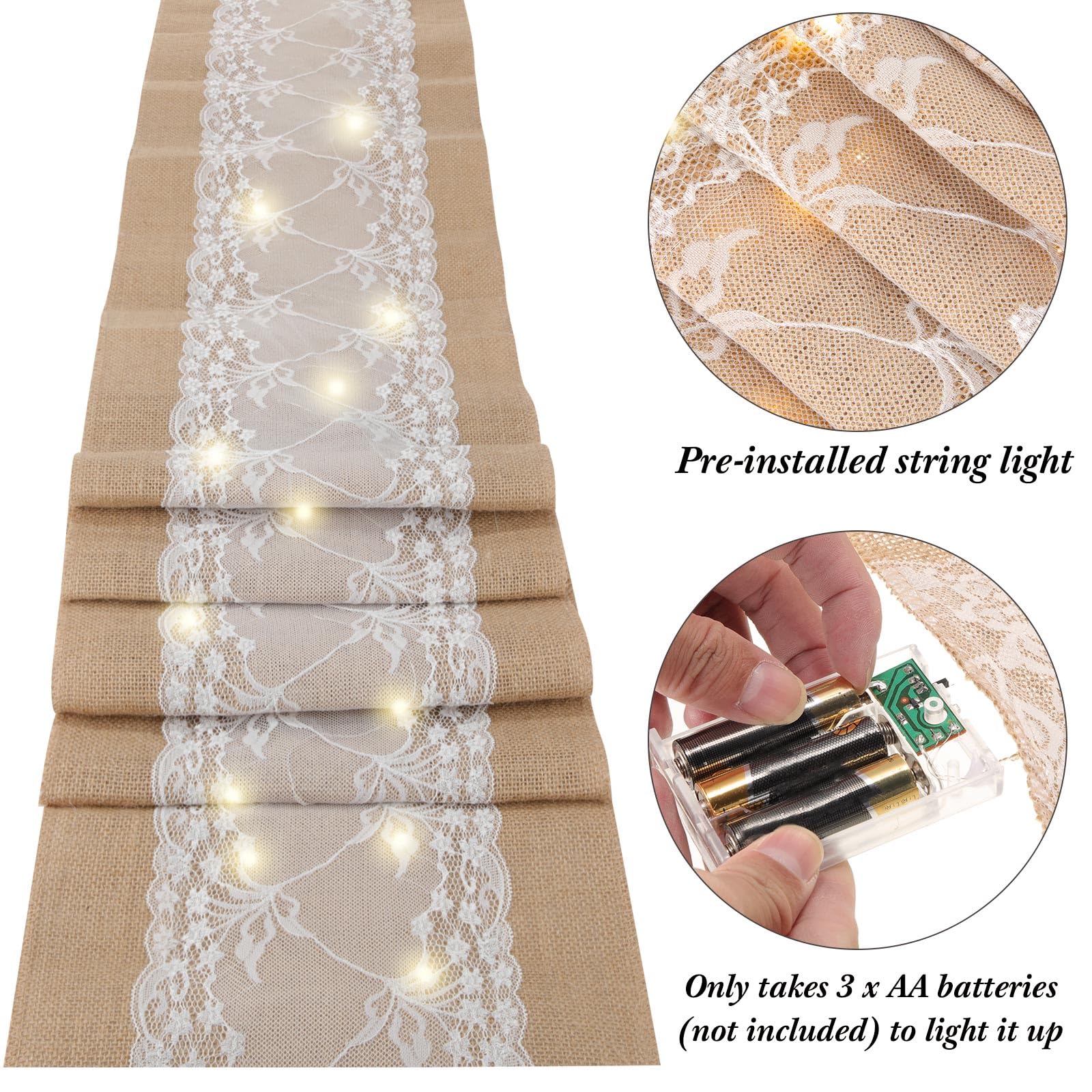 Xinnun Lot de 6 chemins de Table en Toile de Jute avec guirlandes Lumineuses à Del en Dentelle Rustique Naturelle et bohème pour décoration de Mariage de Style Ferme, Thanksgiving (Tendance, 30,5 x