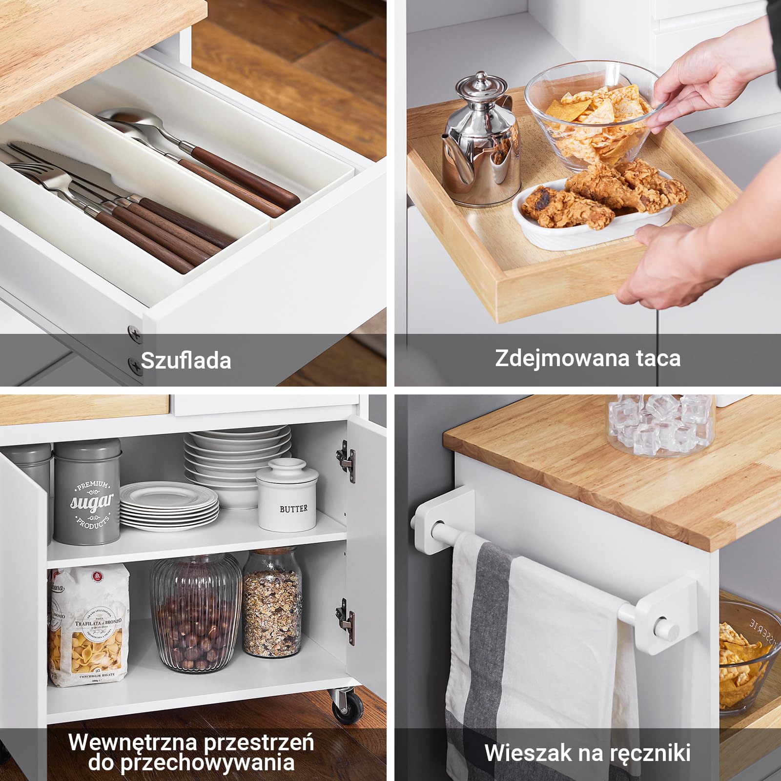 SoBuy FKW123-WN wózek kuchenny z blatem roboczym, wózek do serwowania na kółkach, do kuchni, salonu, jadalni, biały, szer. x wys. x gł.: ok. 72 x 84 x 40 cm
