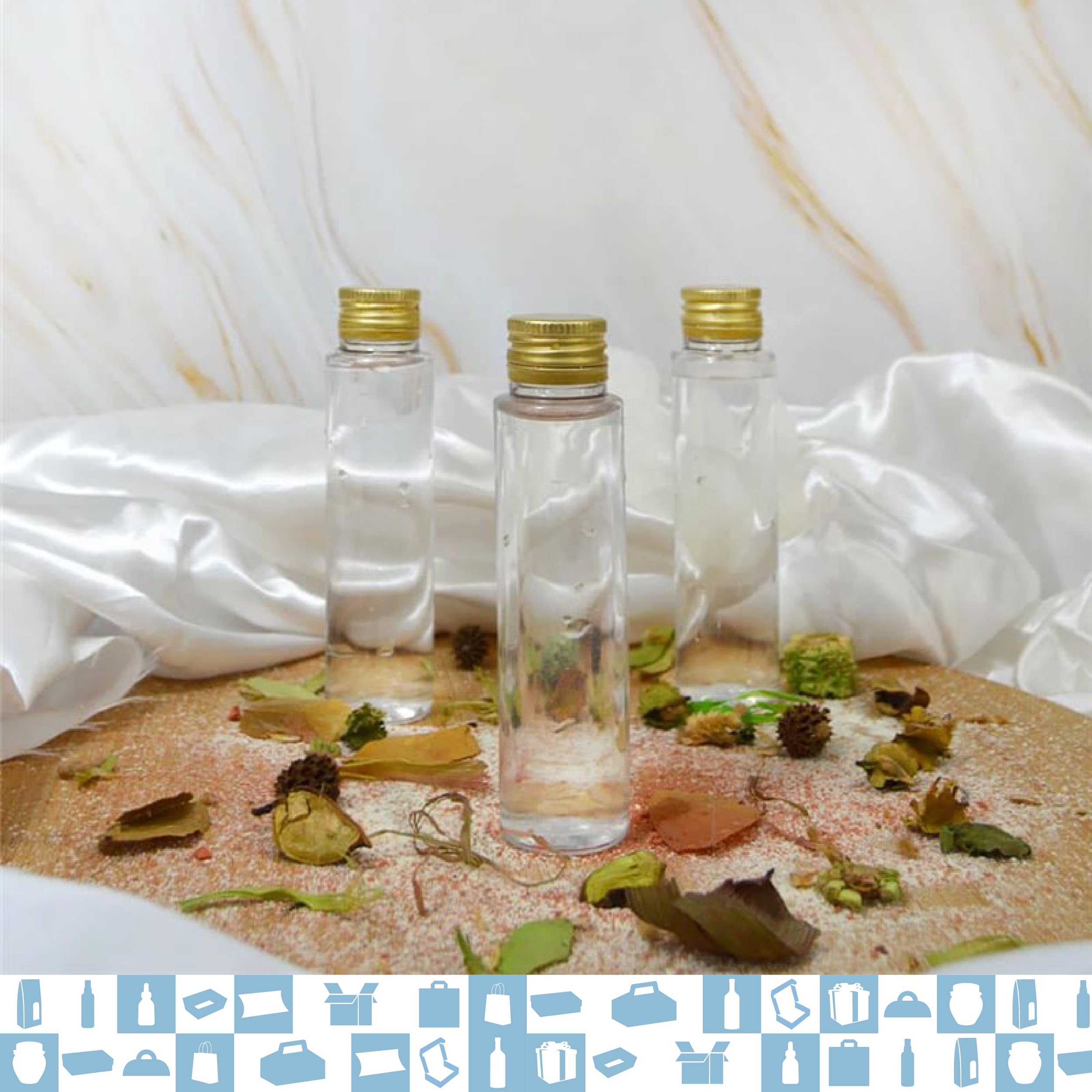 Pack de 100 botellas de plástico de 75 ml com Tampa Dourada – Botella Sensorial vacía, tubo de ensayo, mini frasco de cristal, caramelos, fiestas, especias, boda