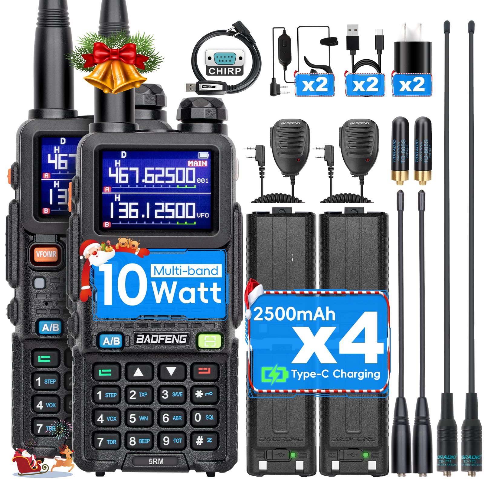 BAOFENG 5RM 10W Ham Radio Handheld,(4PCS Type-C Charging Batteries)Long Range Two Way Radio,999CH,Frequency Copy,NOAA Weather, Walkie Talkies for Adults UV-5R with Speaker Mic,Programming Cable-2 Pack