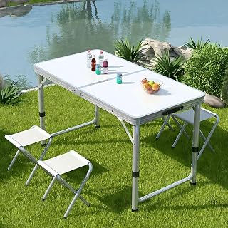 BEMMY Mesa Dobravel Portatil de Liga de Alumínio 120CM com 4 Banquinhos Pequenos, Escrivaninha Dobravel Maleta para Camping Pesca Jardim Área Externa Ou Interna