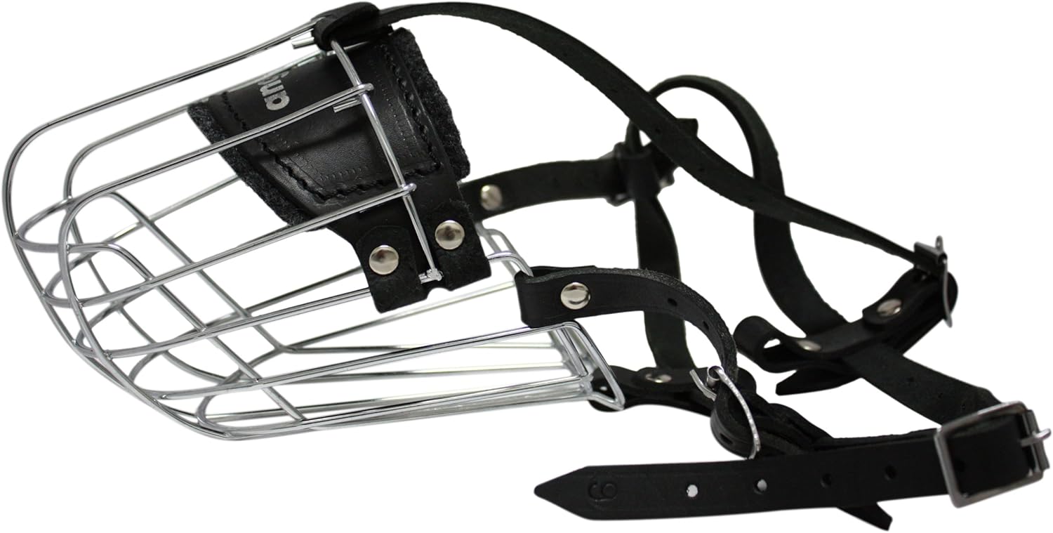 Wire Cage & Leather Muzzle (Miami). Size 9, Black. 13.75