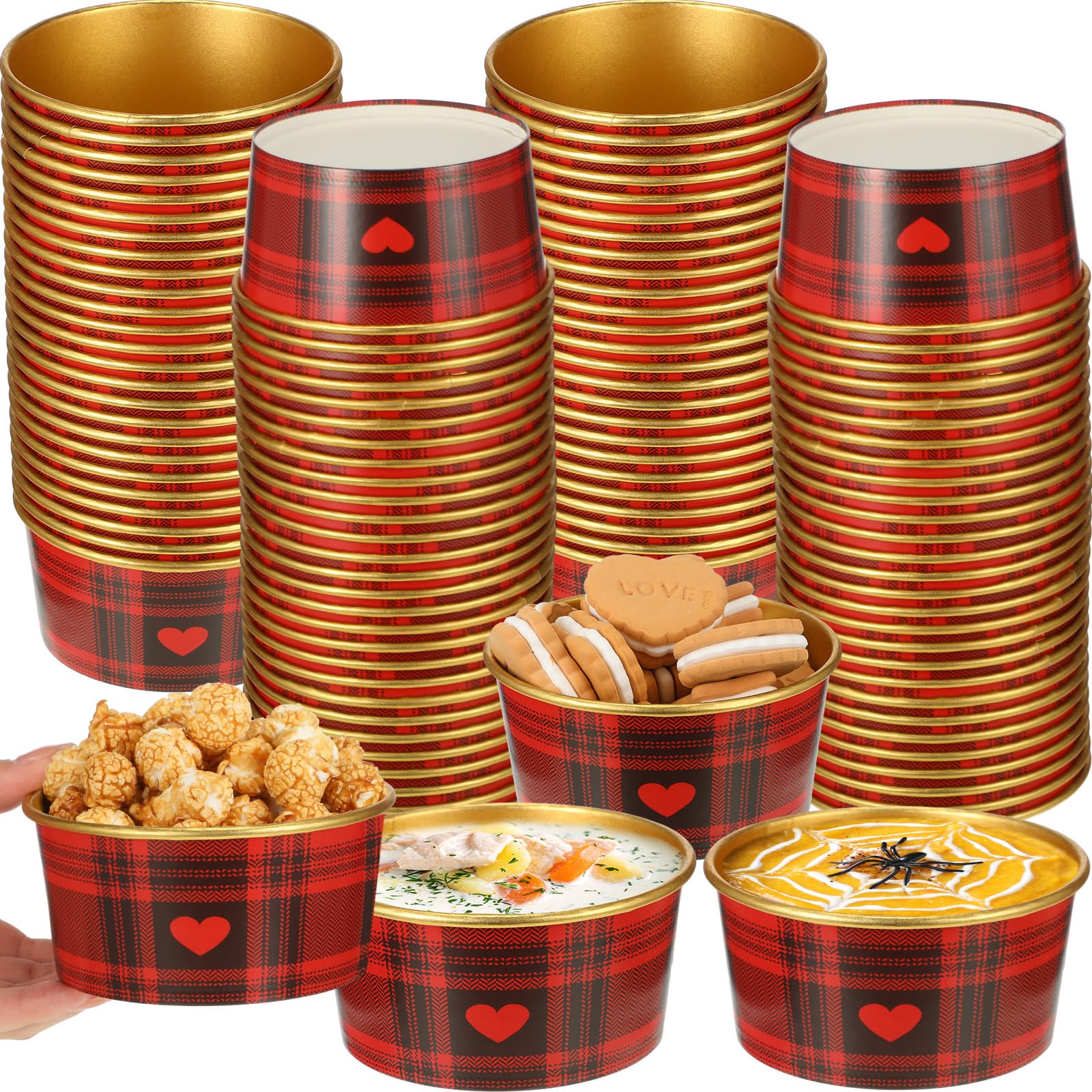 100 Pcs Valentine's Day 12 oz Foil Soup Bowls Paper Ice Cream Cups Disposable Dessert Bowls Plaid Heart Leakproof Foil Bowls Snack Cups Party Supplies for Cold or Hot Food (Black, Red)