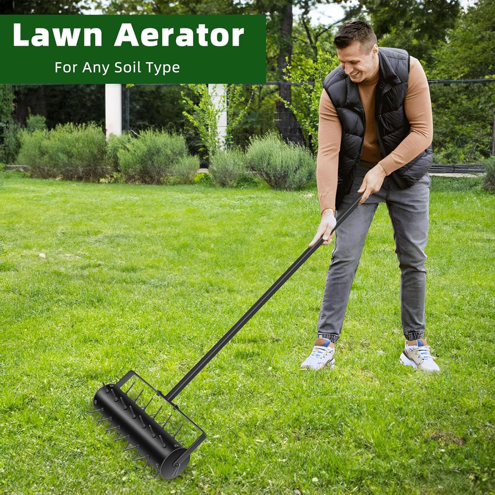 JOSBY Rodillo Aireador De Césped, Aireador Manual De Césped De Alta Resistencia para Patios, Aireador De Césped con Púas, Rodillo Escarificador Manual para Jardín, con Mango De Goma Ajustable