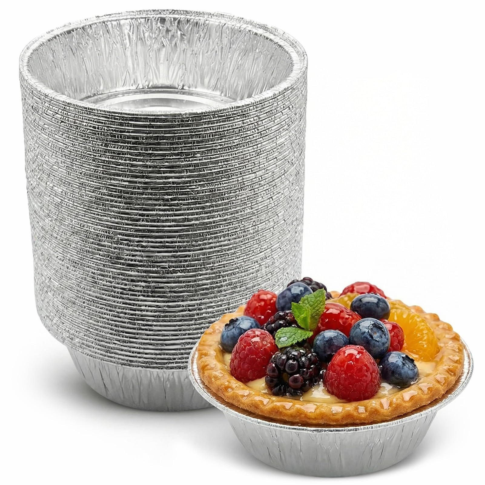 50 Pack Aluminium Foil Pie Dishes (11 x 3.3cm) - Small Round Tin Foil Trays Disposable Baking Tray for Pies, Quiche, Pastries and Cake