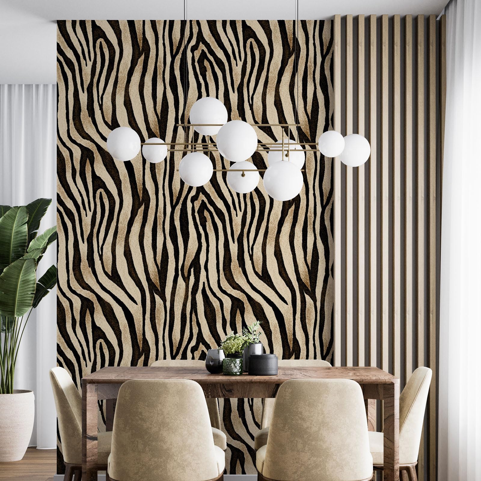 Papier peint motif zébré Lumalea de 540x260 cm idéal pour un salon style jungle urbaine