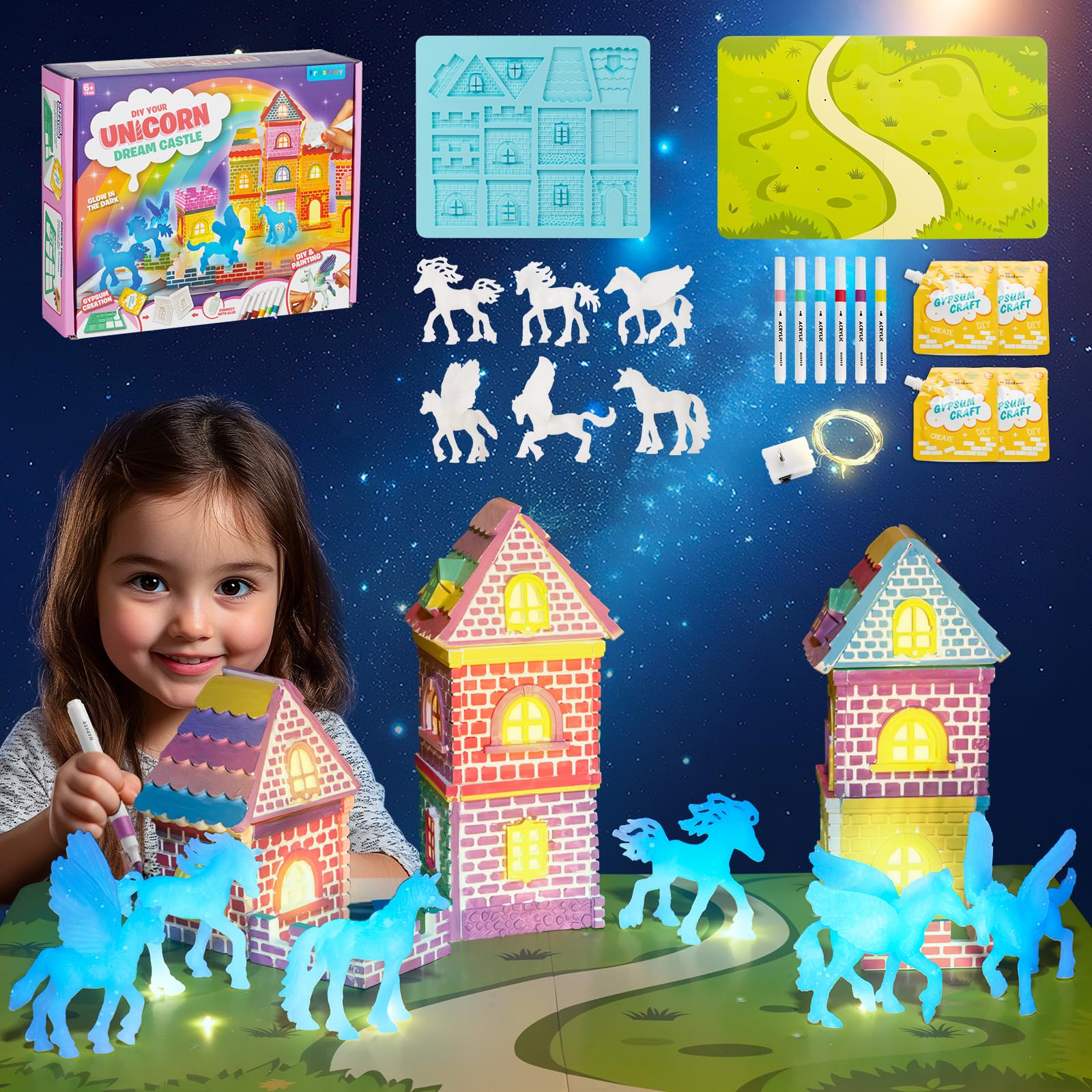 FrostJoy DIY Castle Building Glow in The Dark Unicorn Painting Kit for Kids Ages 4-12