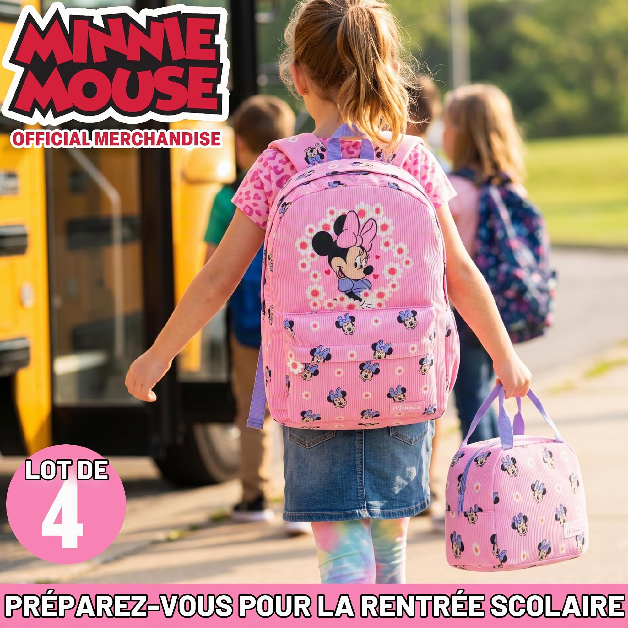 Get Trend Minnie Mouse Sac a Dos Fille Set, 4 Pcs Cartable, Sac Isotherme Repas, Trousse Scolaire et Porte Badge Tour de Cou Courroie (Rose/Multi Minnie Mouse)