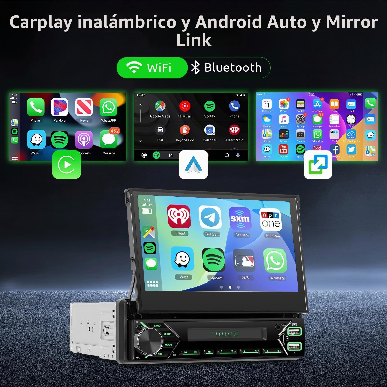 Hodozzy 2G+64G Android Radio Coche 1 DIN con Pantalla Retráctil con Inalambrico Carplay Android Auto Mirror Link, GPS, 7 Pulgadas HD Pantalla Reproductor MP5 WiFi USB/AUX EQ/RDS/FM Radio Cámara