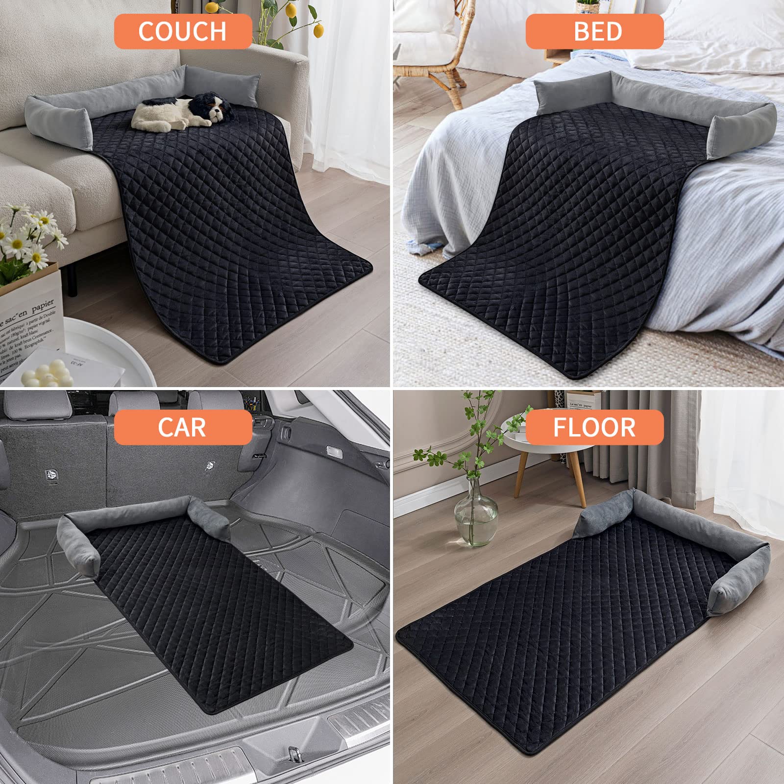 Hundebett Sofa Matte - weicher Samt rutschfest waschbar Haustier Katze Hundebett Sofa-Kissen-Pad mit Kissen für Möbel Protrctor, perfekt für große mittlere kleine Hunde Katzen (90x120cm, Grey Black)