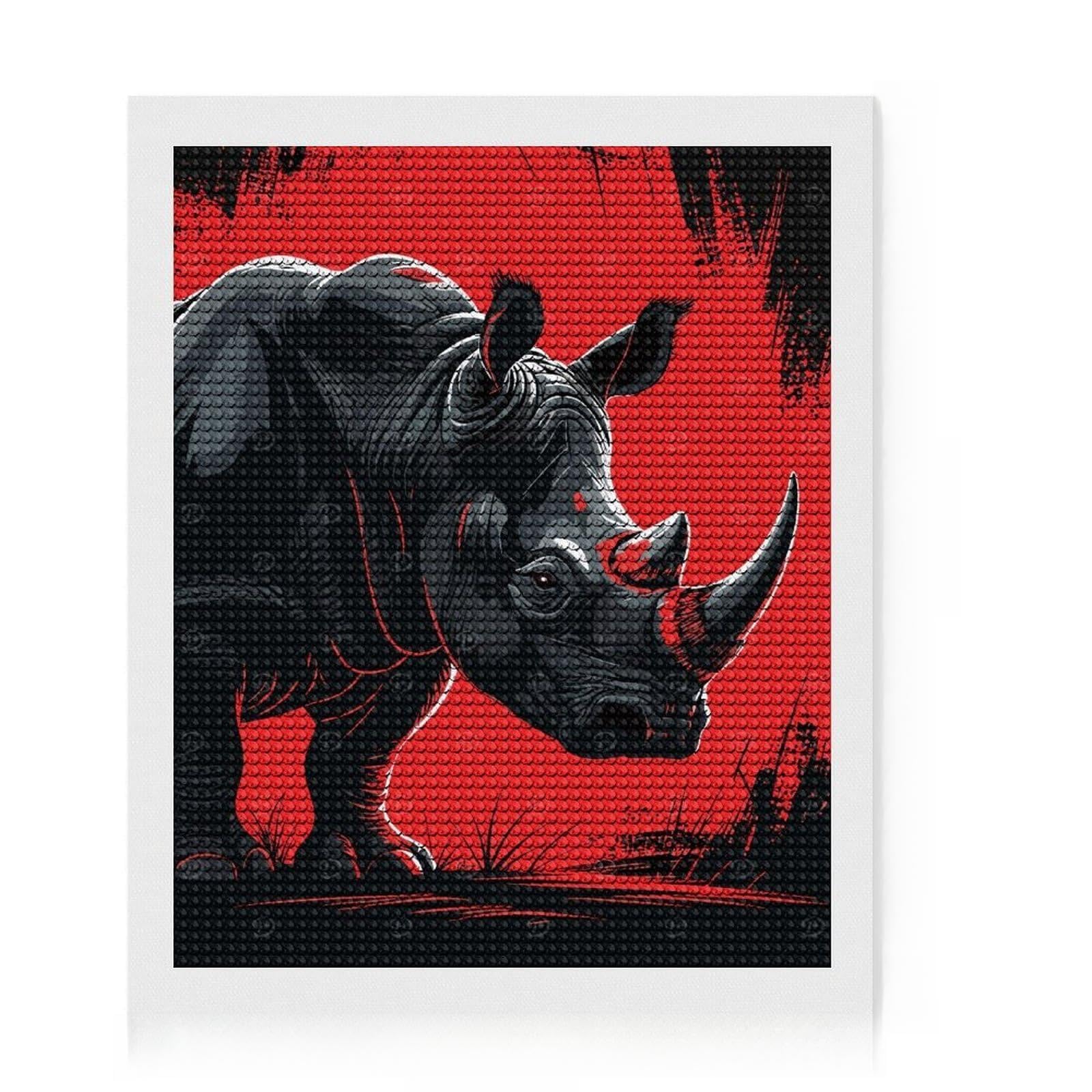 Junmoney Stylized Rhino Illustration on Red Background DIY Diamond Art Canvas Kit 16"x20", for Teens, Full Kit Included, Cosy Home Accent, Birthday Gift, Printed Canvas