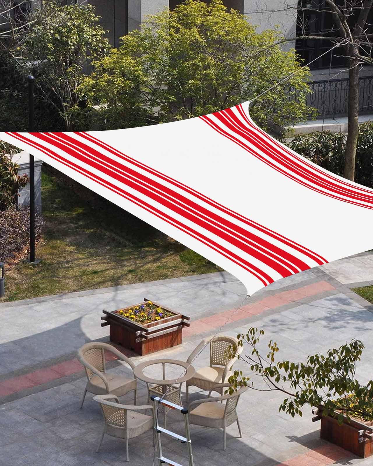 Waterproof Sun Shade Sail Colorful Stripes Red Wood Texture White Outdoor Patio Sun Shades Canopy UV Block Water Resistant Sunshade for Garden Backyard Deck Pergola 14x18 Ft