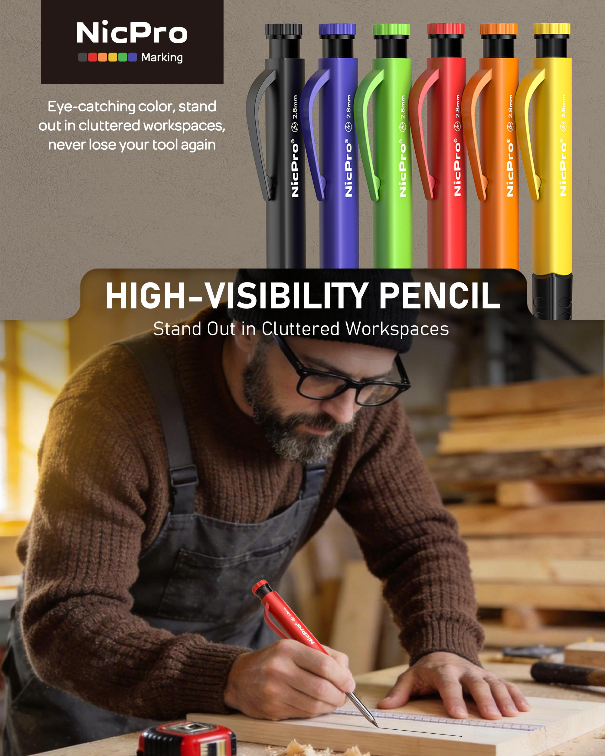 Nicpro 6 Pack Upgraded 3-IN-1 Carpenter Pencil Set with Finger Grip, Construction Pencils with 54 Refill & Mini Spirit Level, Deep Hole Carpenter Tool, Mechanical Carpenter Pencil for Woodworking — Amazon image 6