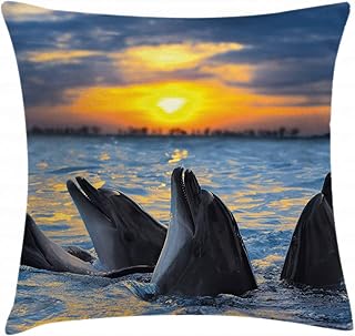 ABAKUHAUS Poszewka na poduszkę z motywem zwierzęcym, delfiny, nadaje się do prania z zamkiem błyskawicznym, poszewka na poduszkę z wyrazistymi kolorami, obustronny nadruk, 60 x 60 cm, niebieski, szary, pomarańczowy