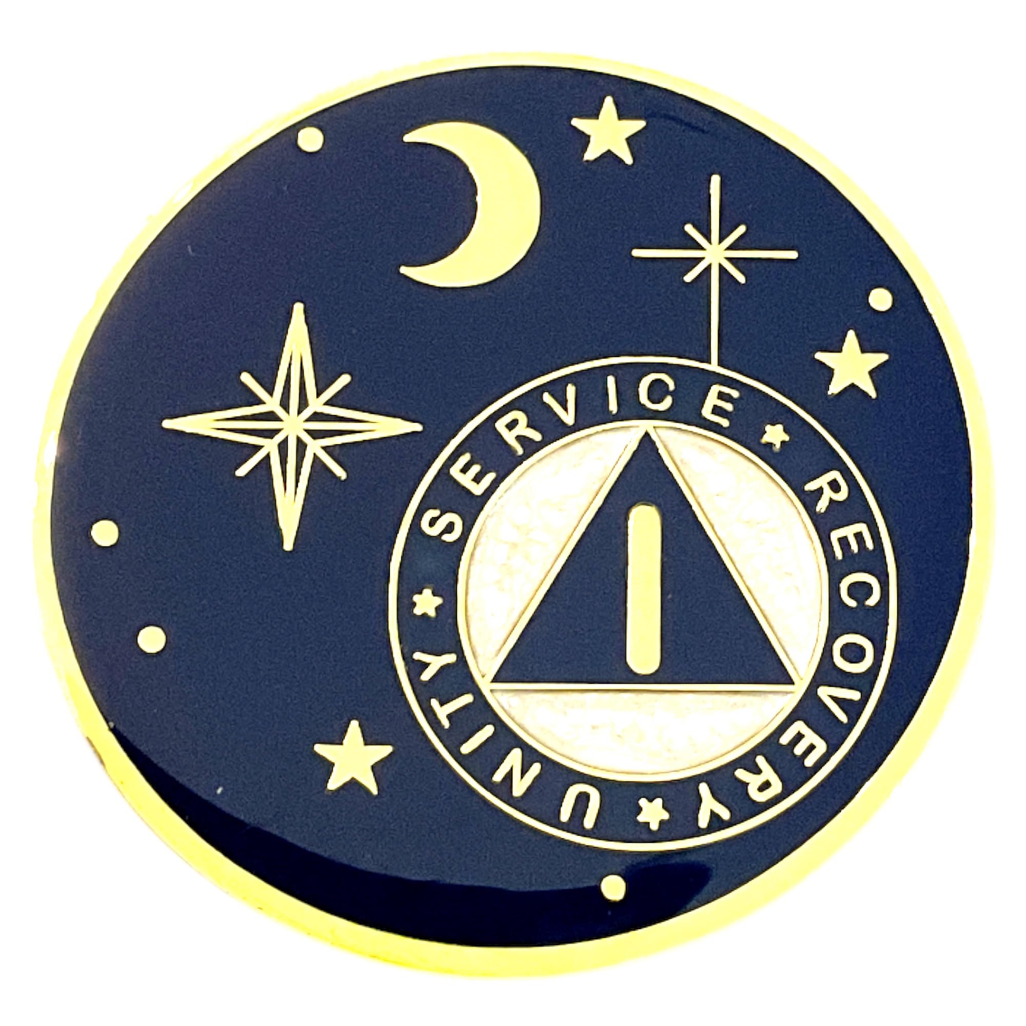 1 Year AA Medallion - Alcoholics Anonymous- The Moon & Stars, Rocket Chip Dark Blue & Gold Sobriety Medallion, Token