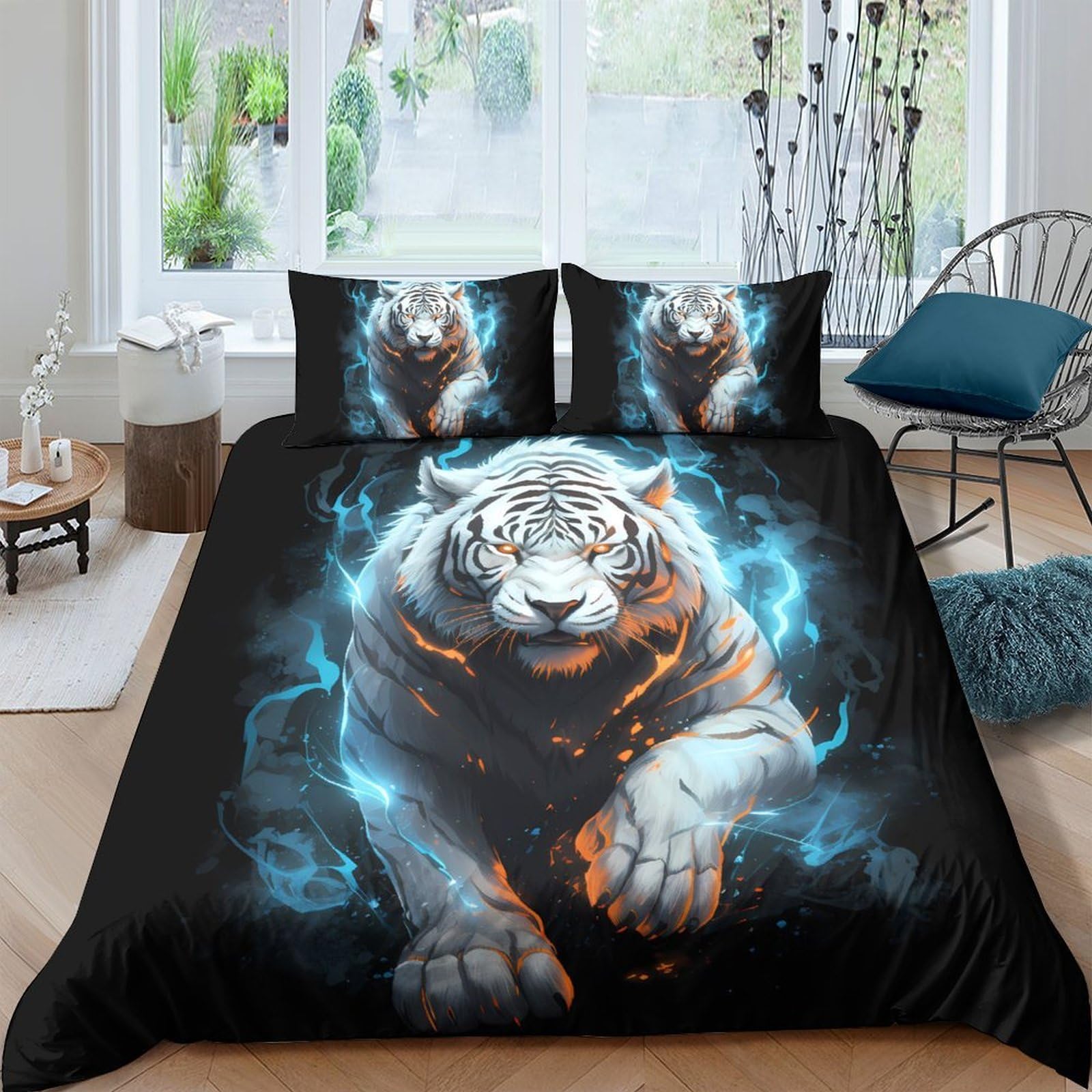 Ctjqhvkz Style-9 3D Printed White Tiger Fitted Sheet Microfiber Black Blue Fire Mattress Cover For Bedroom Dorm Decoration Single（135X200cm）
