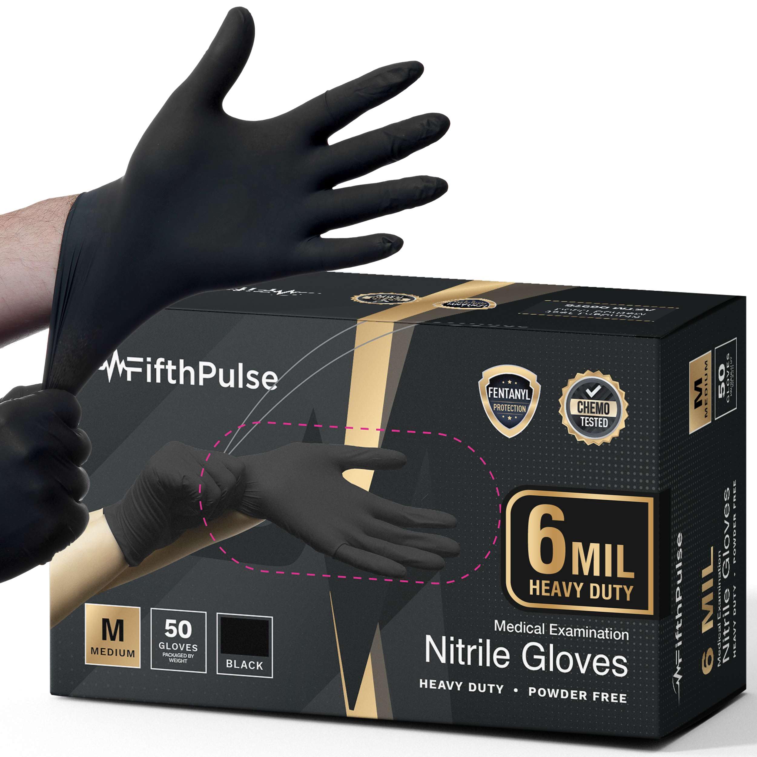 FifthPulse 50 Stück schwarze Nitrilhandschuhe in Lebensmittelqualität für Mechaniker - 50 Stück - Medizinische Untersuchungshandschuhe - puderfrei und latexfrei