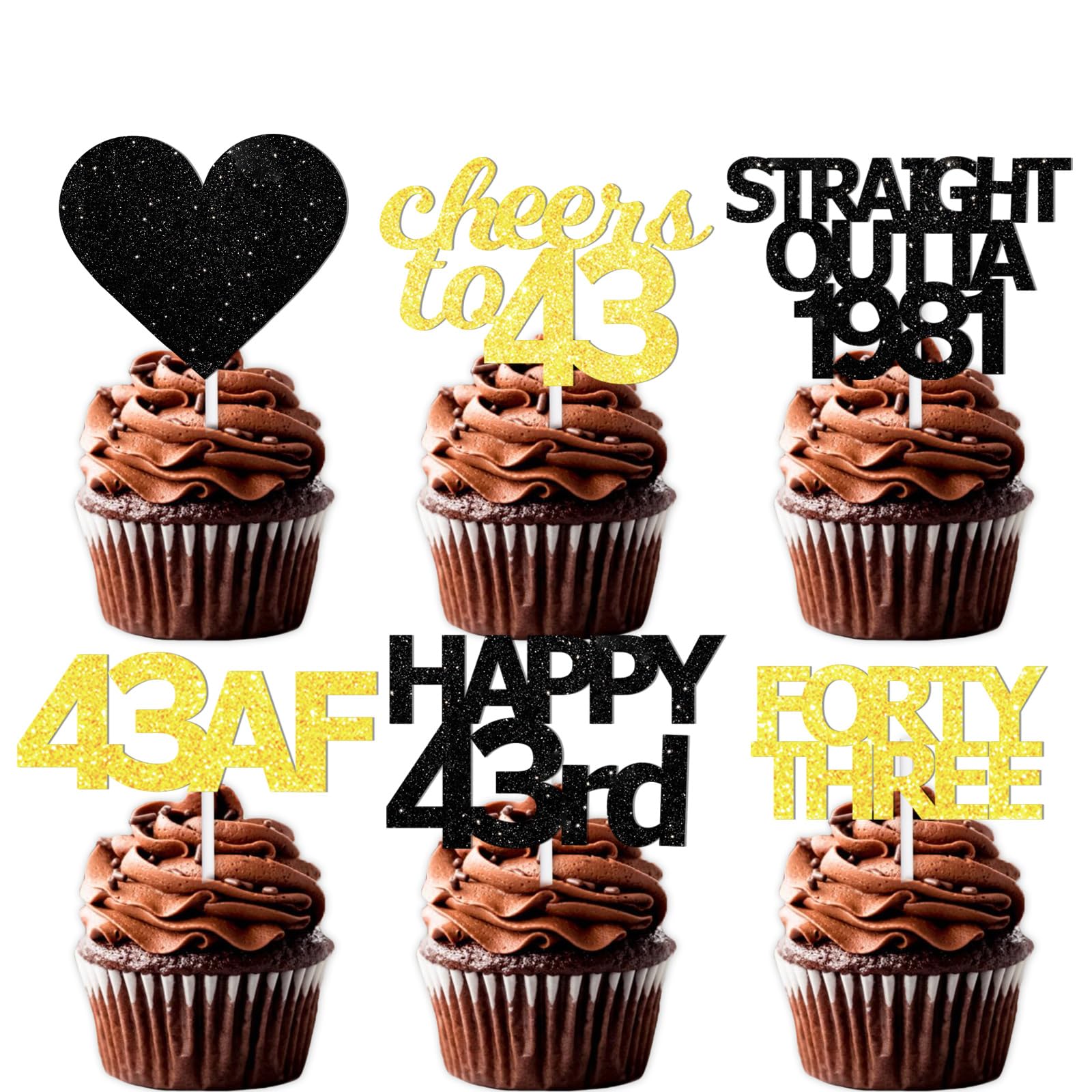 18pcs Black Gold Glitter Dessert Cupcake Pick for Straight Outta 1982 Cheer to 43 Years Old Theme Decor Supplies Happy 43rd Birthday Party Decoration
