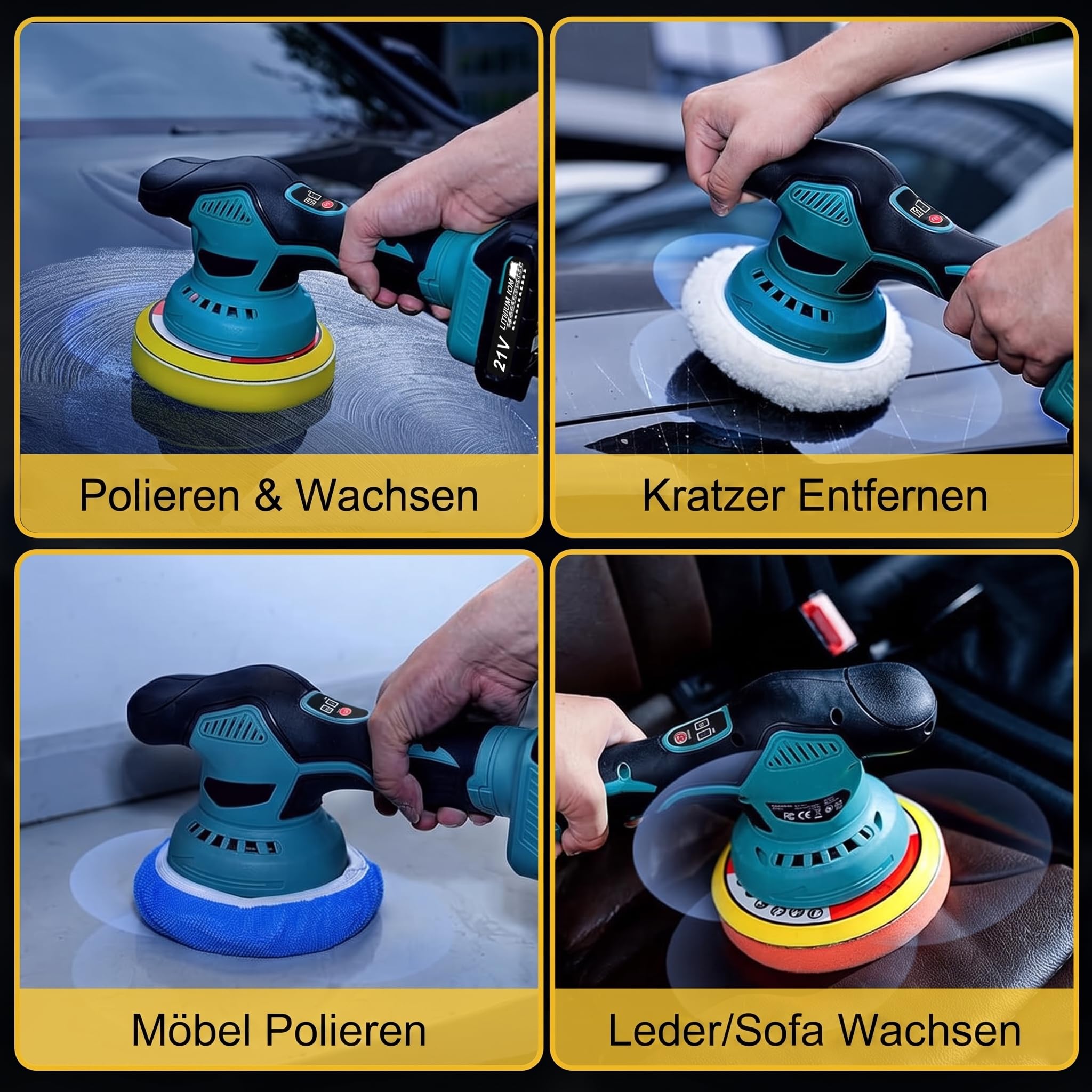 Poliermaschine Auto Akku, Pulidora Coche Inalambrica | mit 2 Stück 21V 1.5A 1300mAh & 8 Variable Geschwindigkeit 5500RPM für die Autopflege Polieren Wachsen Entfernen