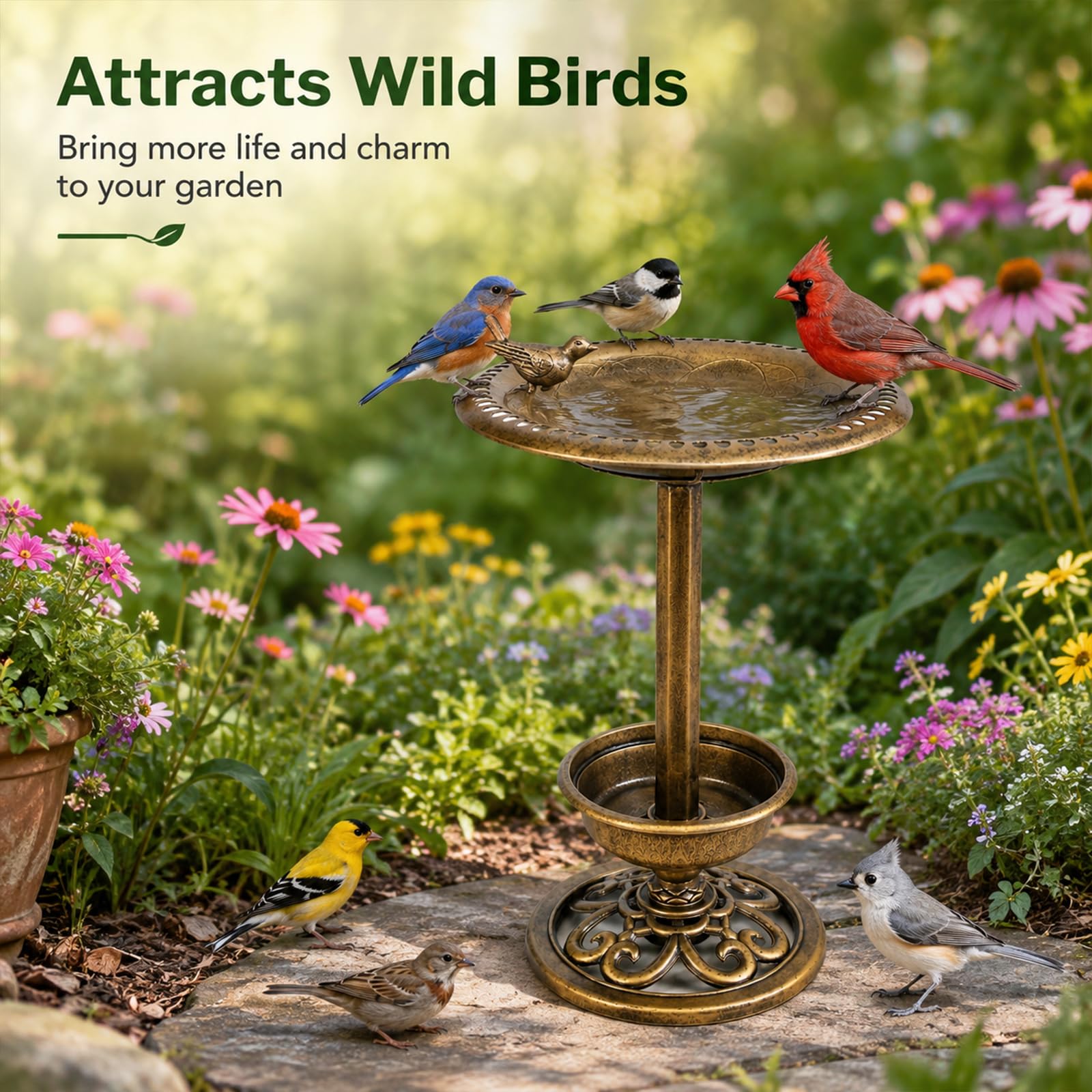 Wassertränke für Vögel, Antike Messing-Optik, Vogeltränke Garten mit Ständer, Vogelbad Stehend, Outdoor, für Terrasse, Hof und Rasen