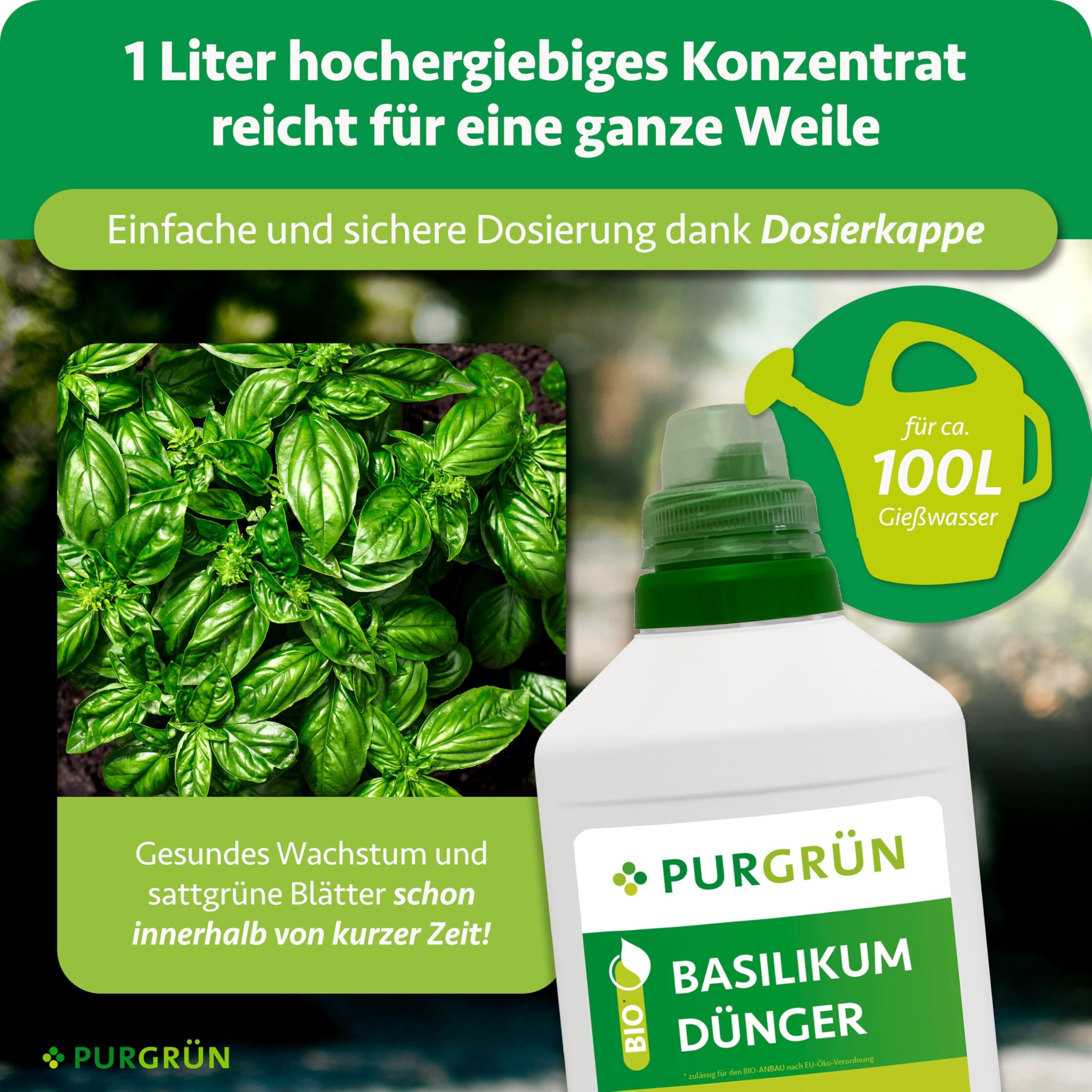 Bio-Basilikum-Dünger 1 Liter – Organische Rezeptur – Premium-Flüssigdünger – NPK 4+1+7 – Mit Algenextrakt & Vinasse – Extra Kalium für buschiges Wachstum – Ohne tierische Inhaltsstoffe