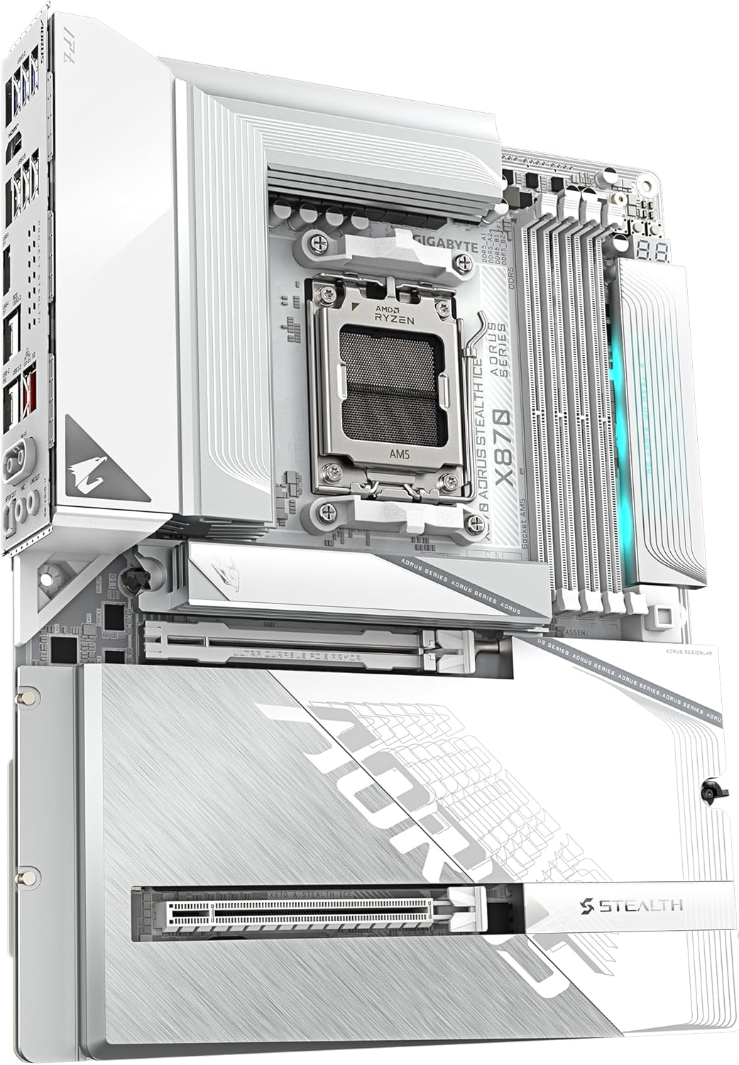 GIGABYTE X870 AORUS STEALTH ICE Motherboard - Supports AMD Ryzen 9000 CPUs, 16+2+2 Phases Digital VRM, up to 8200Hz DDR5 (OC), 2xPCIe 5.0 + 2xPCIe 4.0, Wi-Fi 7, 5GbE LAN, USB 4