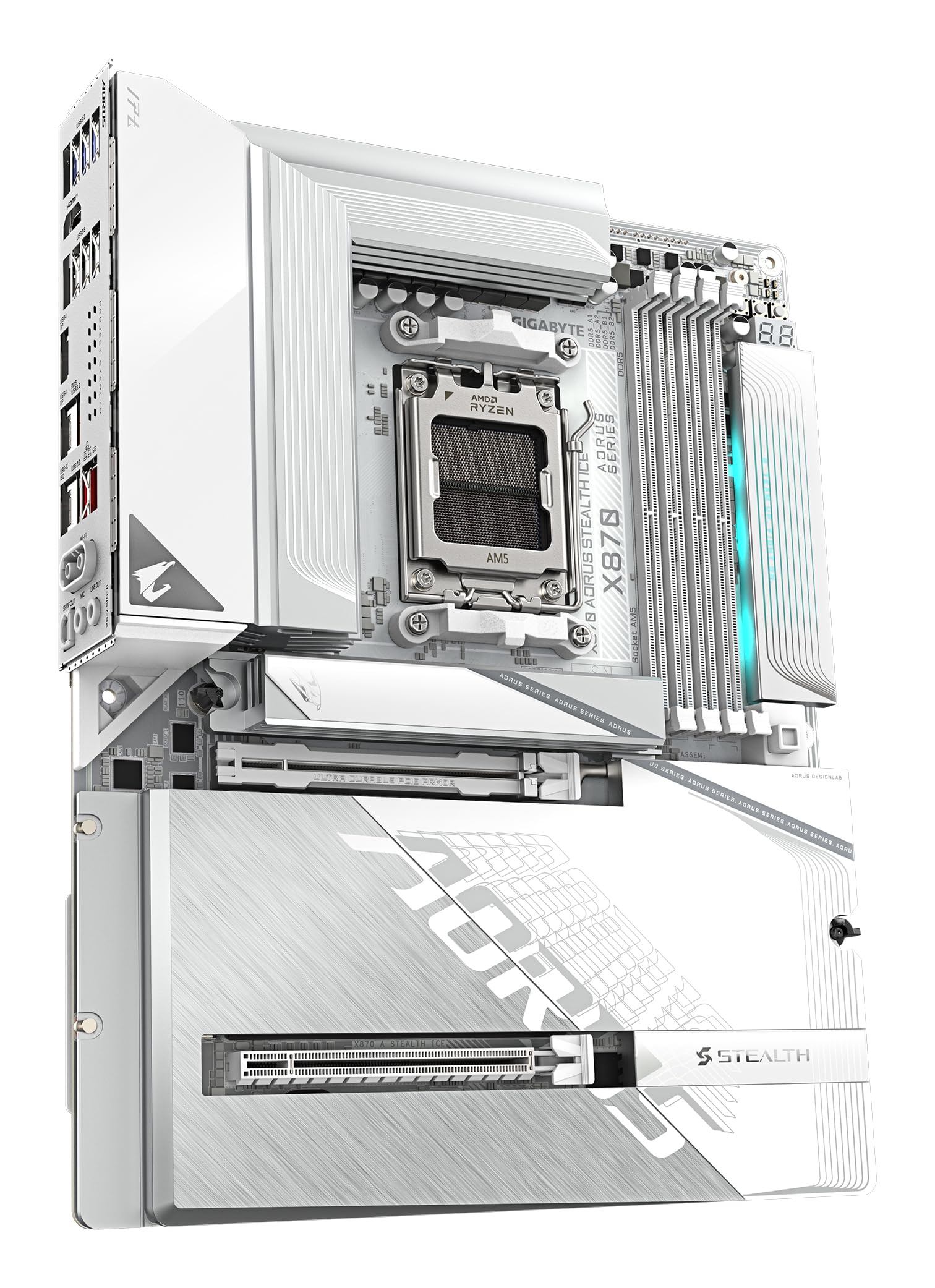 GIGABYTE X870 AORUS Stealth Ice Mainboard – Unterstützt AMD Ryzen 9000 CPUs, digitales 16+2+2 Phasen VRM, bis zu 8200 MHz DDR5 (OC), 2 x PCIe 5.0 + 2 x PCIe 4.0, Wi-Fi 7, 5 GbE LAN, USB 4