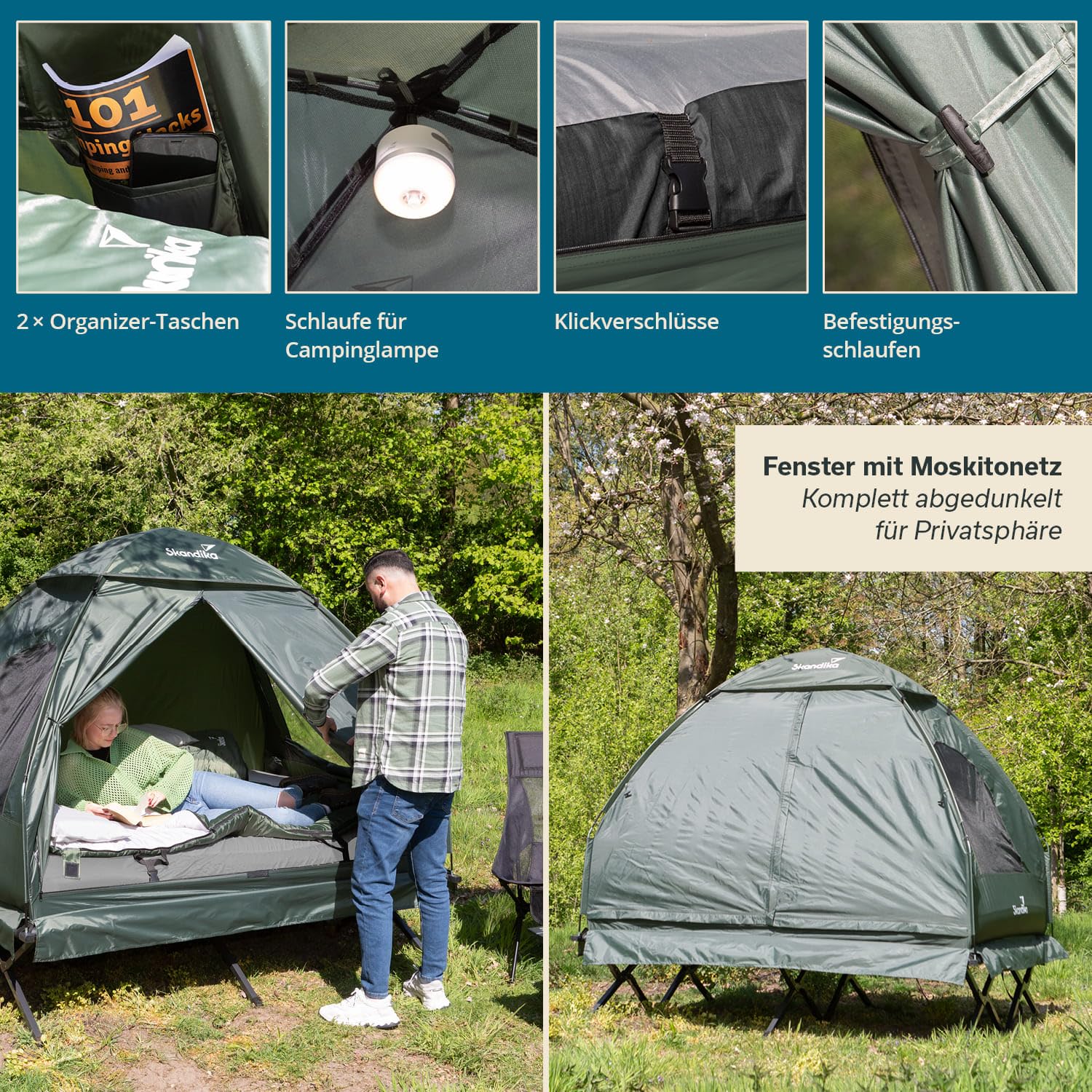 Skandika Zeltliege Haug für 2 Personen | Zelt Bett, erhöhtes Campingbett, aufblasbare Luftmatratze, wasserdicht, Outdoor Feldbett, bis 160 kg | 4in1 Angelzelt, Bettzelt, Karpfenliege, Feldbettzelt