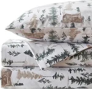 Flannel Sheets Warm and Cozy Deep Pocket Breathable All Season Bedding Set with Fitted, Flat and Pillowcases, Queen, Winter Cabin Lodge